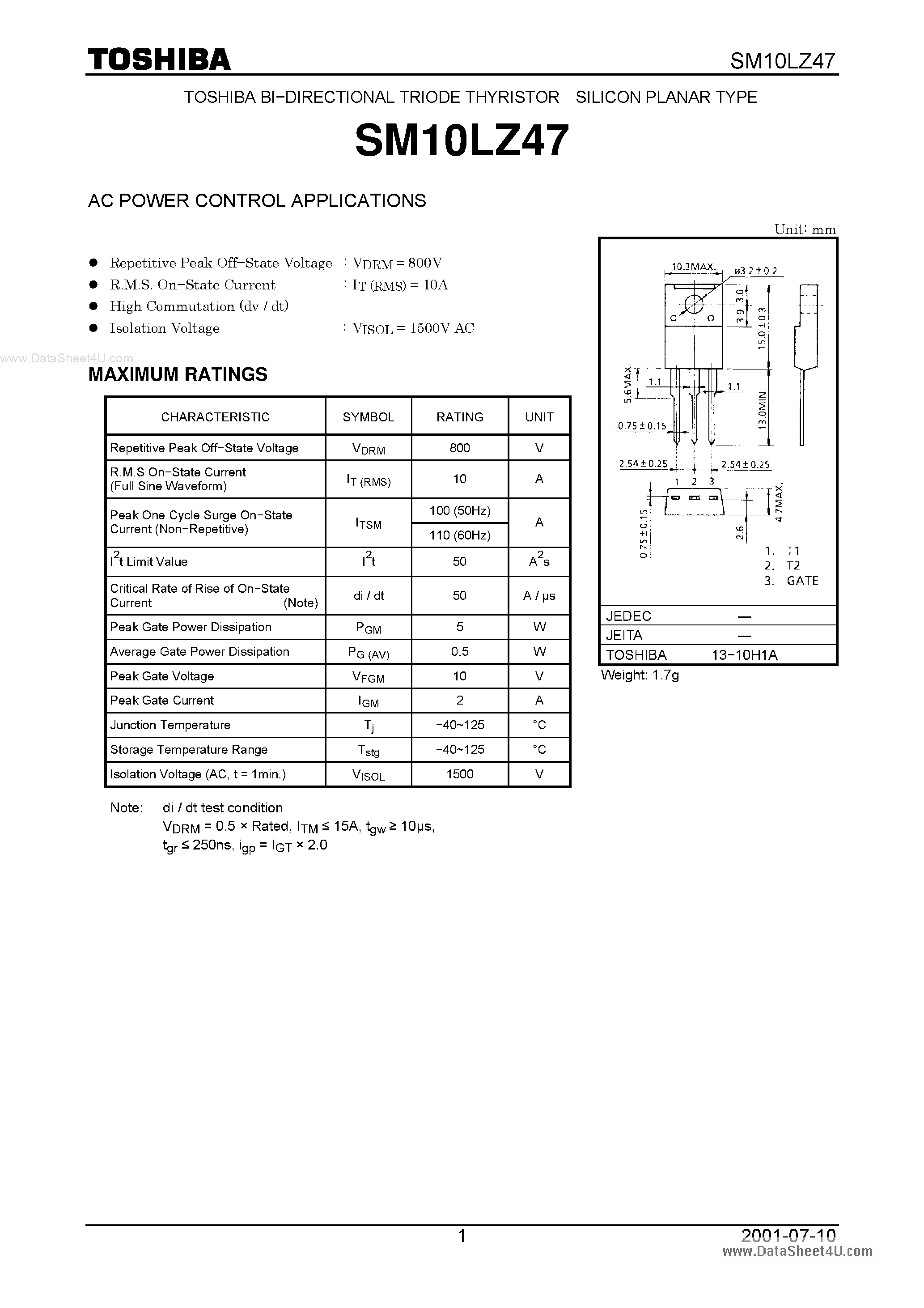 Даташит SM10LZ47 - AC POWER CONTROL APPLICATIONS страница 1