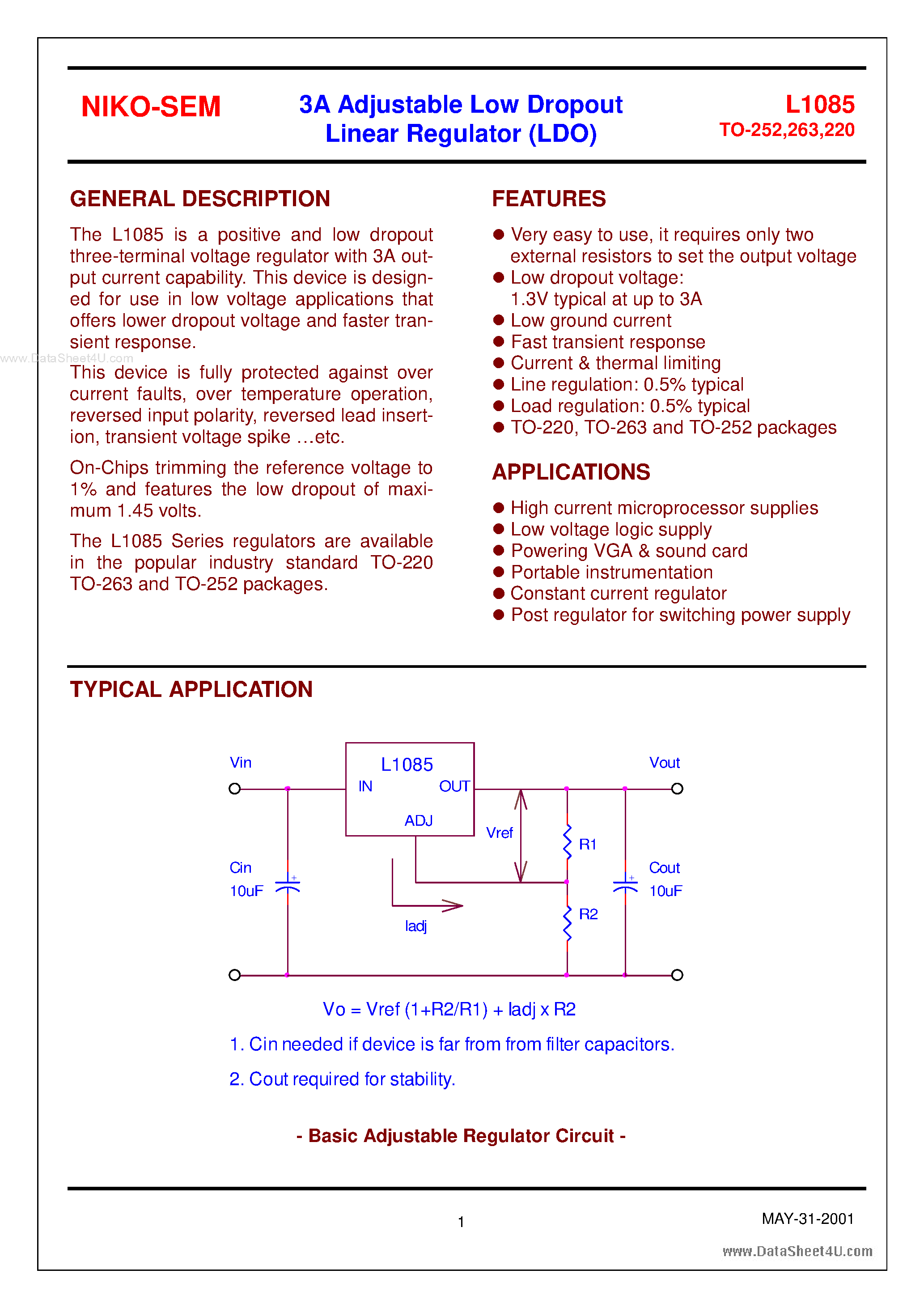 Даташит на микросхему L1085 страница 1 Даташит L1085 - 3A Adjustable Low Dropout Linear Regulator страница 1
