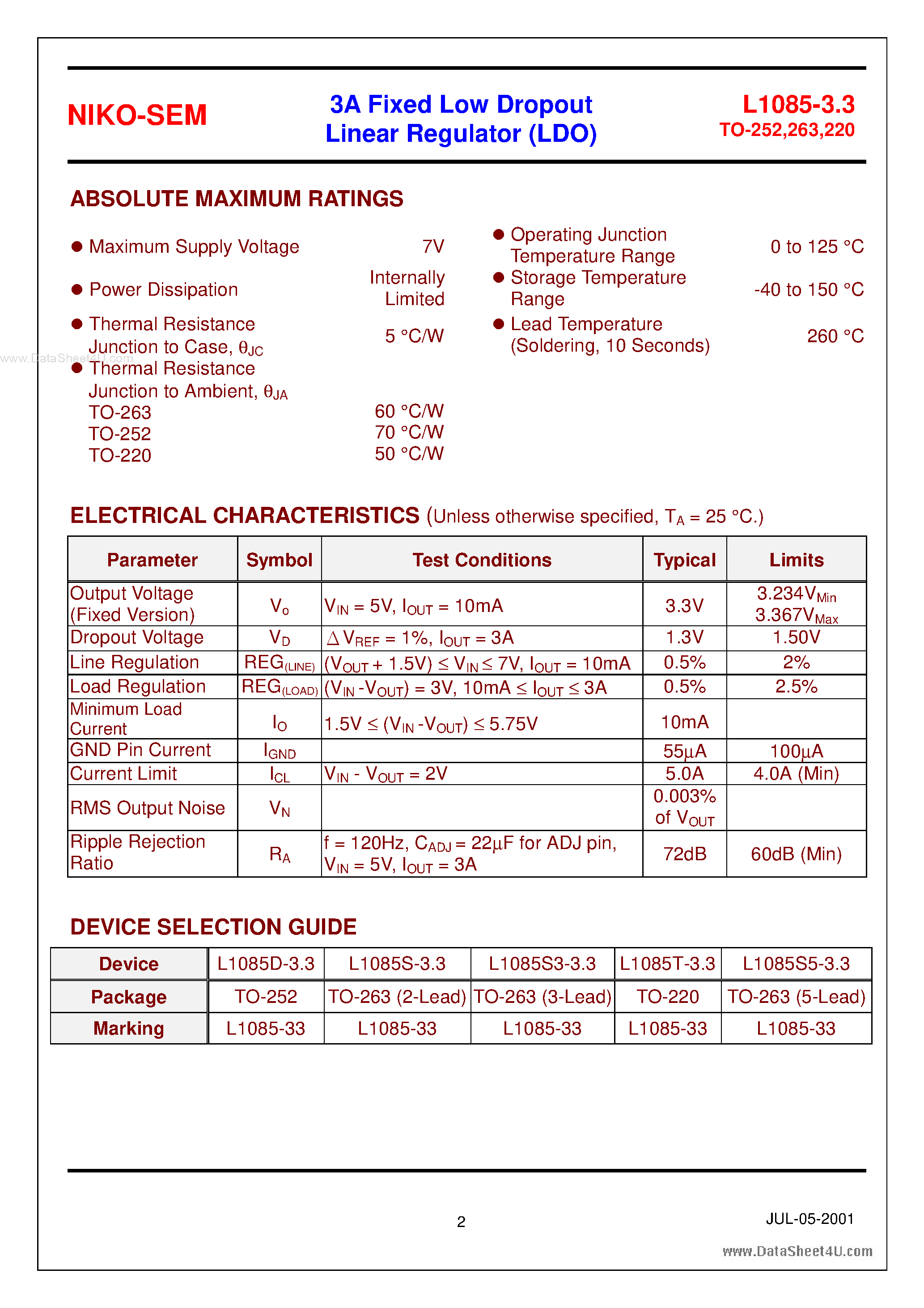 Datasheet L1085-3.3 - 3A Fixed Low Dropout Linear Regulator page 2