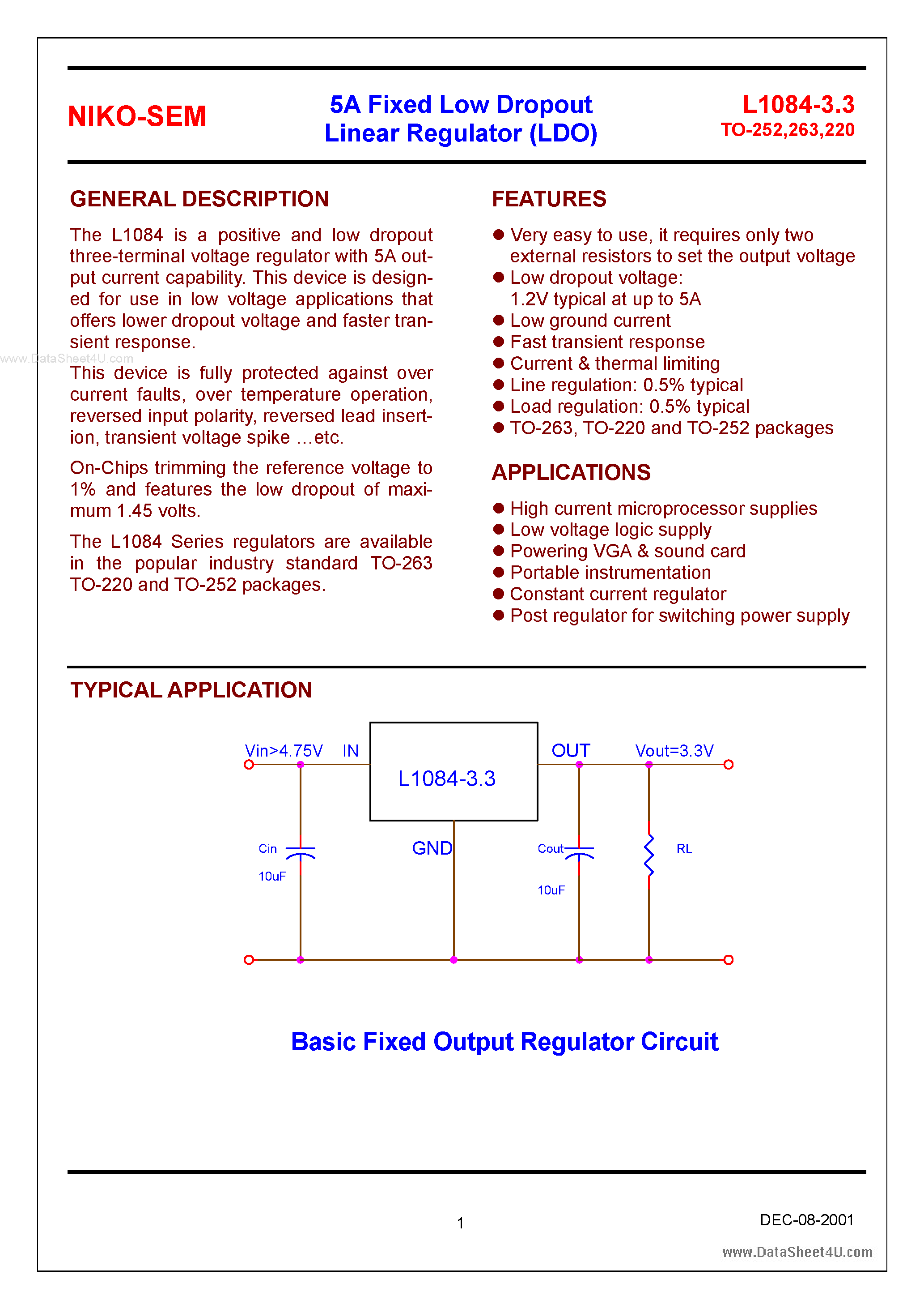 Даташит L1084-3.3 - 5A Fixed Low Dropout Linear Regulator страница 1