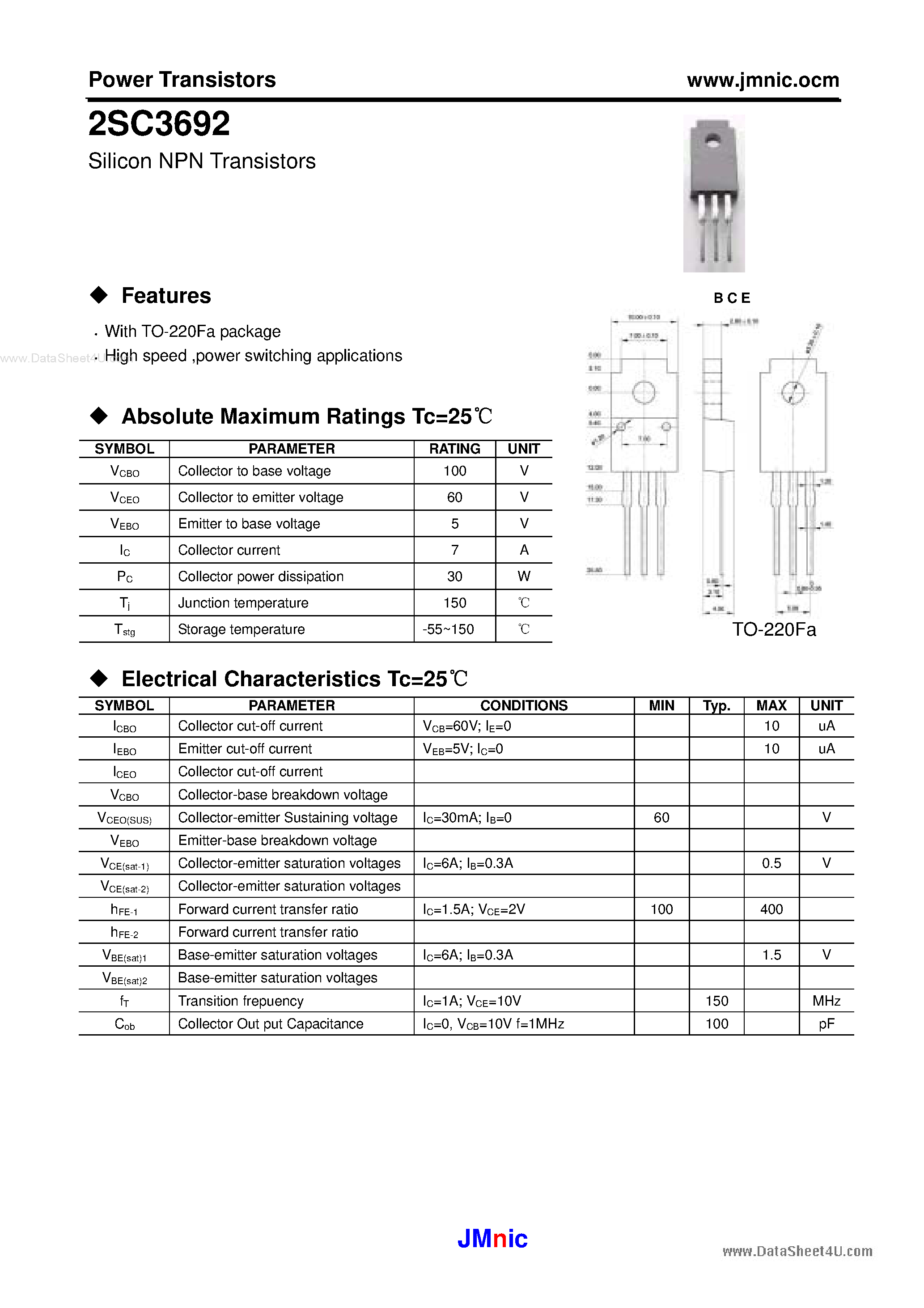 Datasheet 2SC3692 page 1 Datasheet 2SC3692 - Silicon NPN Transistors page 1