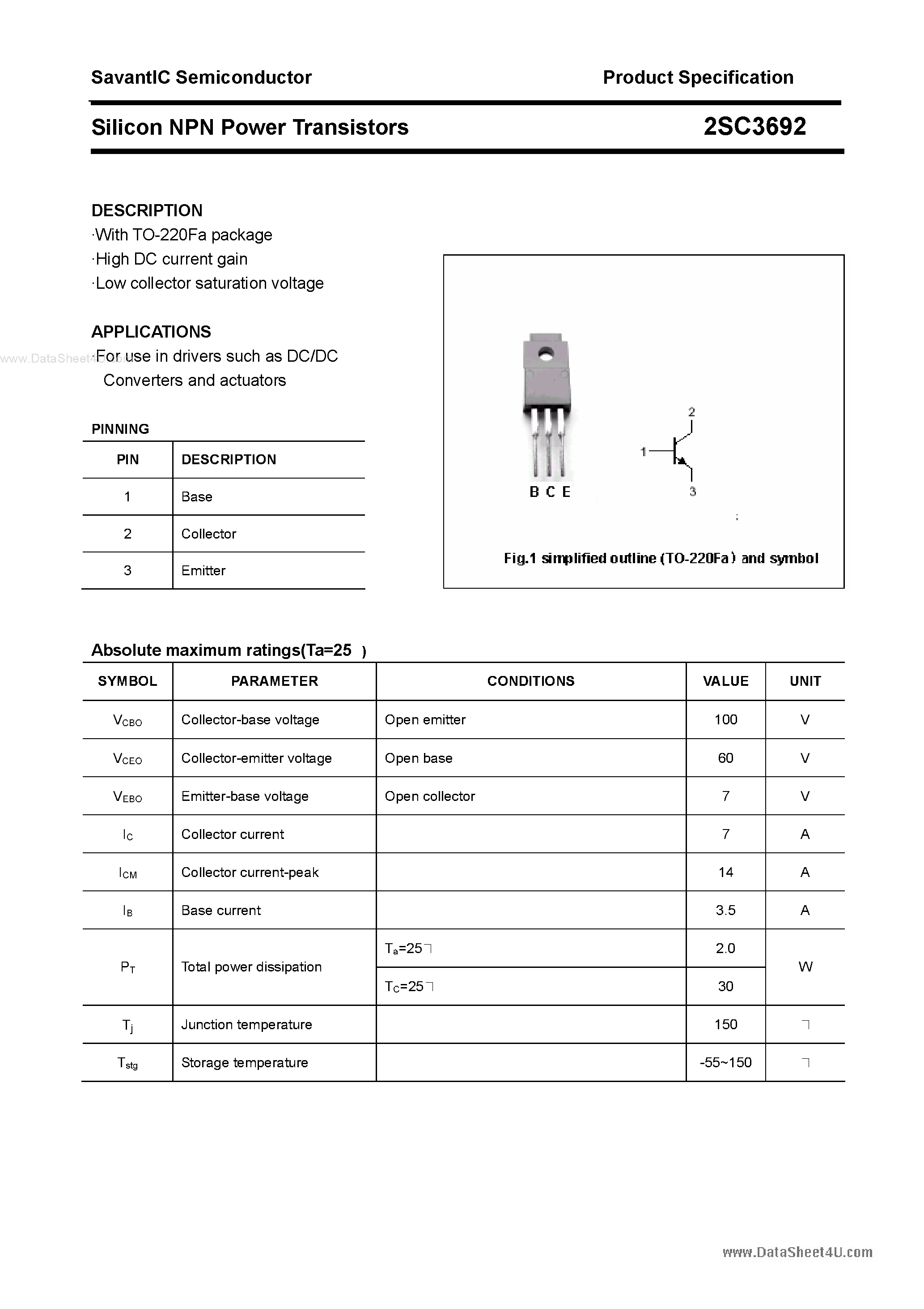 Datasheet 2SC3692 - Silicon NPN Transistors page 1