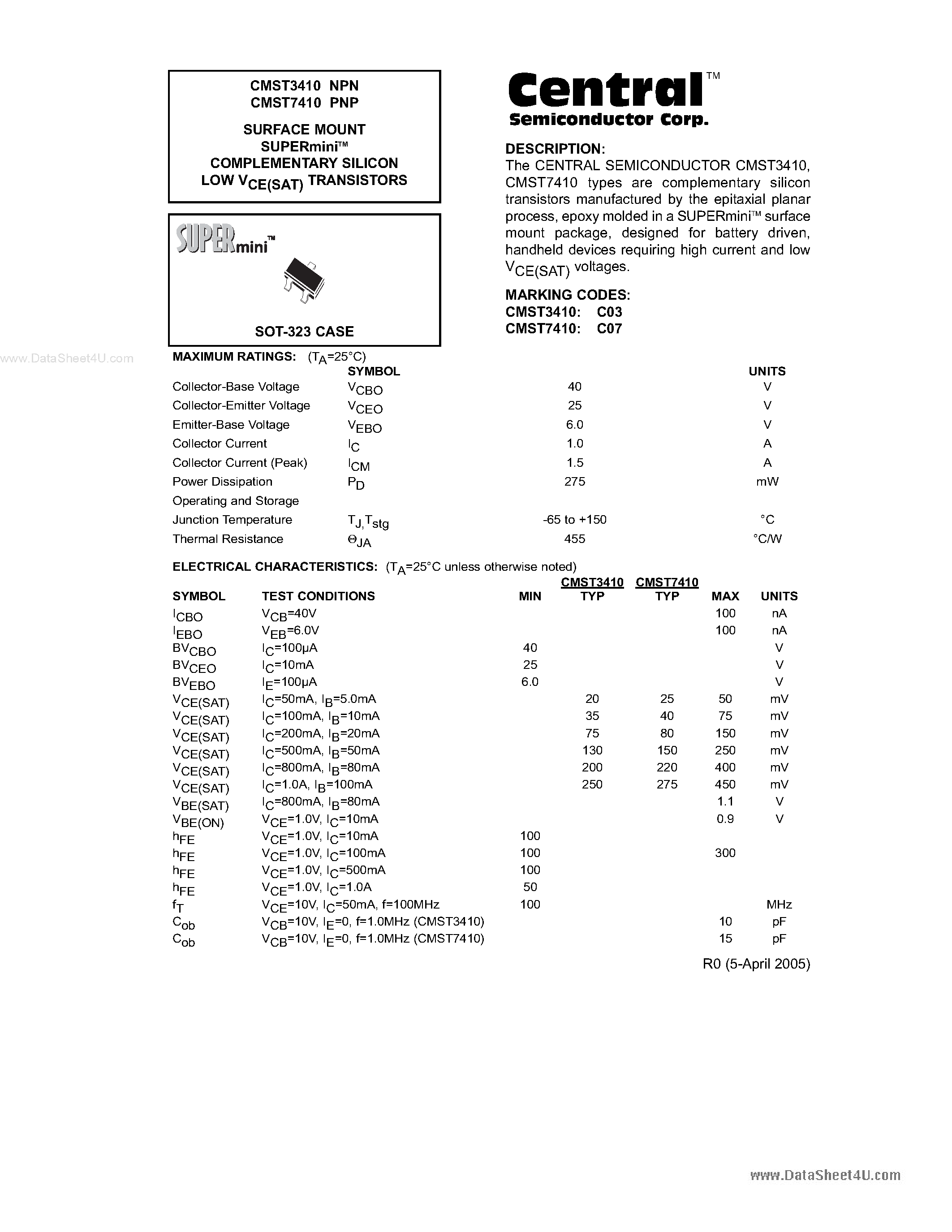 Даташит CMST3410 - (CMST3410 / CMST7410) SURFACE MOUNT SUPERmini COMPLEMENTARY SILICON LOW VCE(SAT) TRANSISTORS страница 1