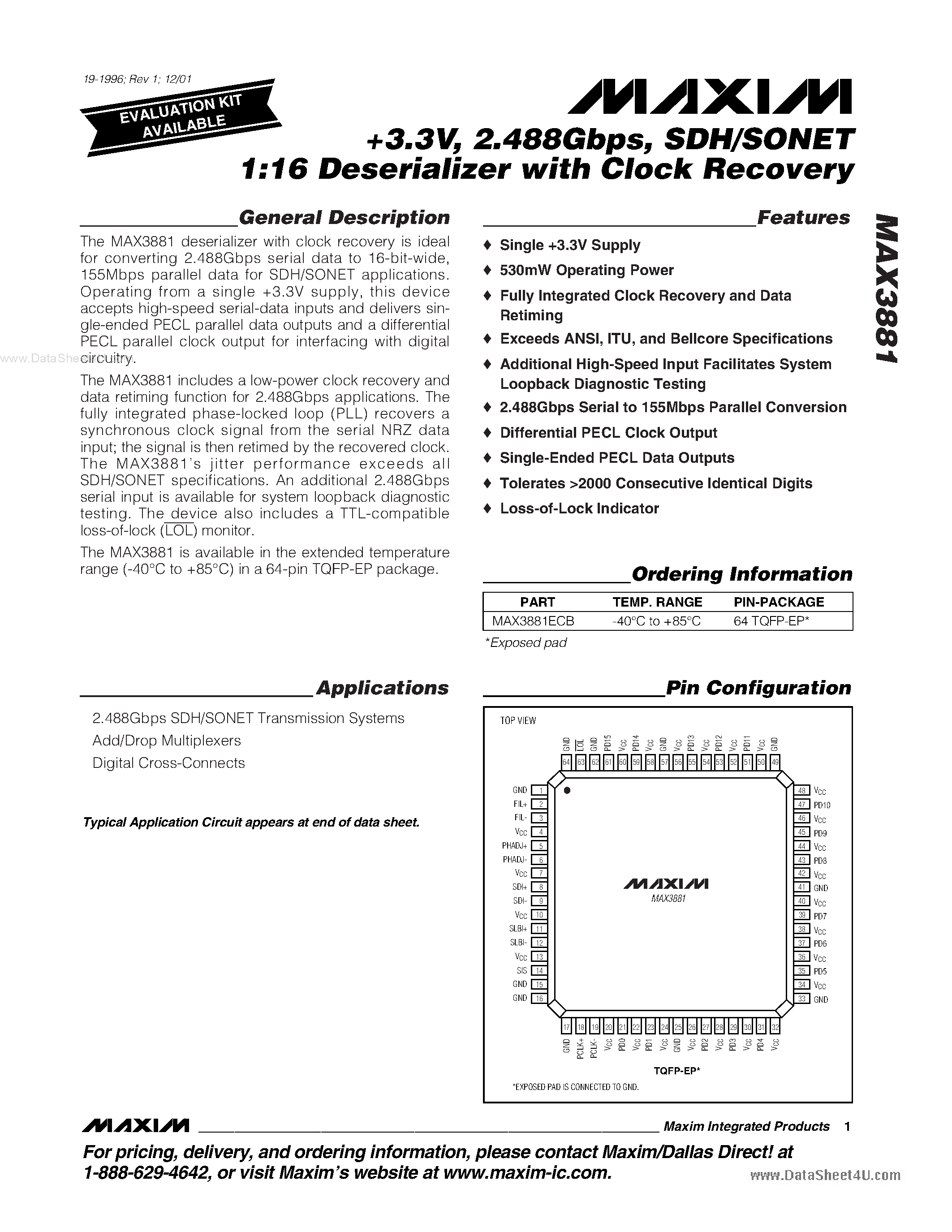Datasheet MAX3881 - SDH/SONET 1:16 Deserializer page 1