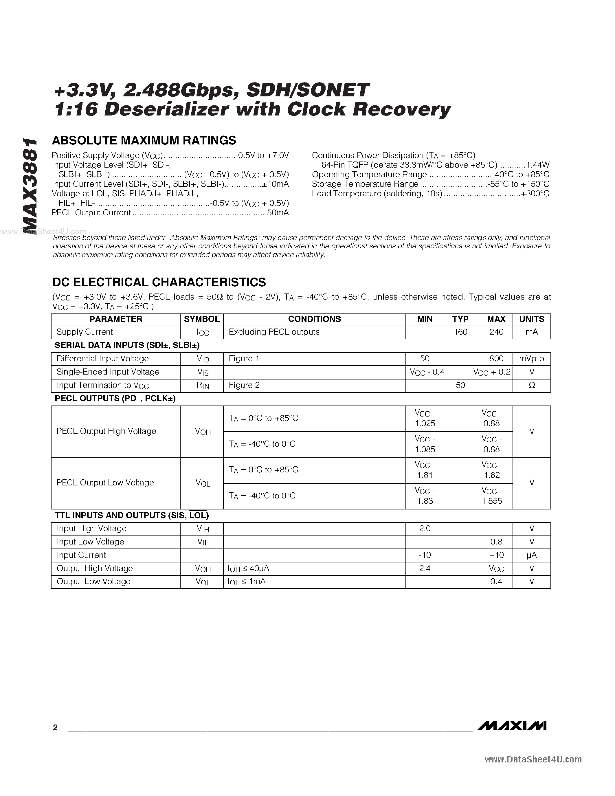 Datasheet MAX3881 - SDH/SONET 1:16 Deserializer page 2