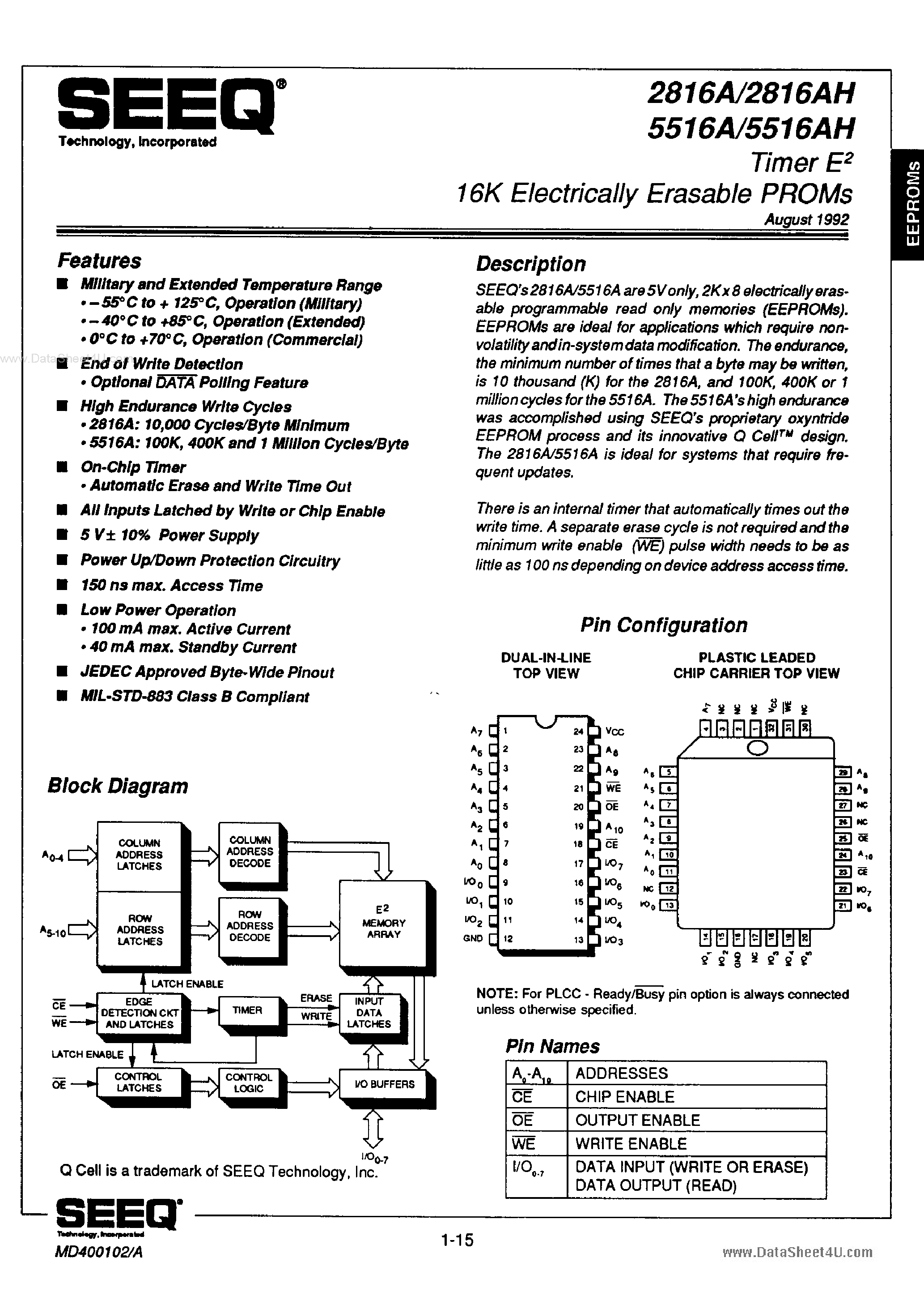 Datasheet DM2816A - Timer E2 16K Electrically Erasable PROMs page 1