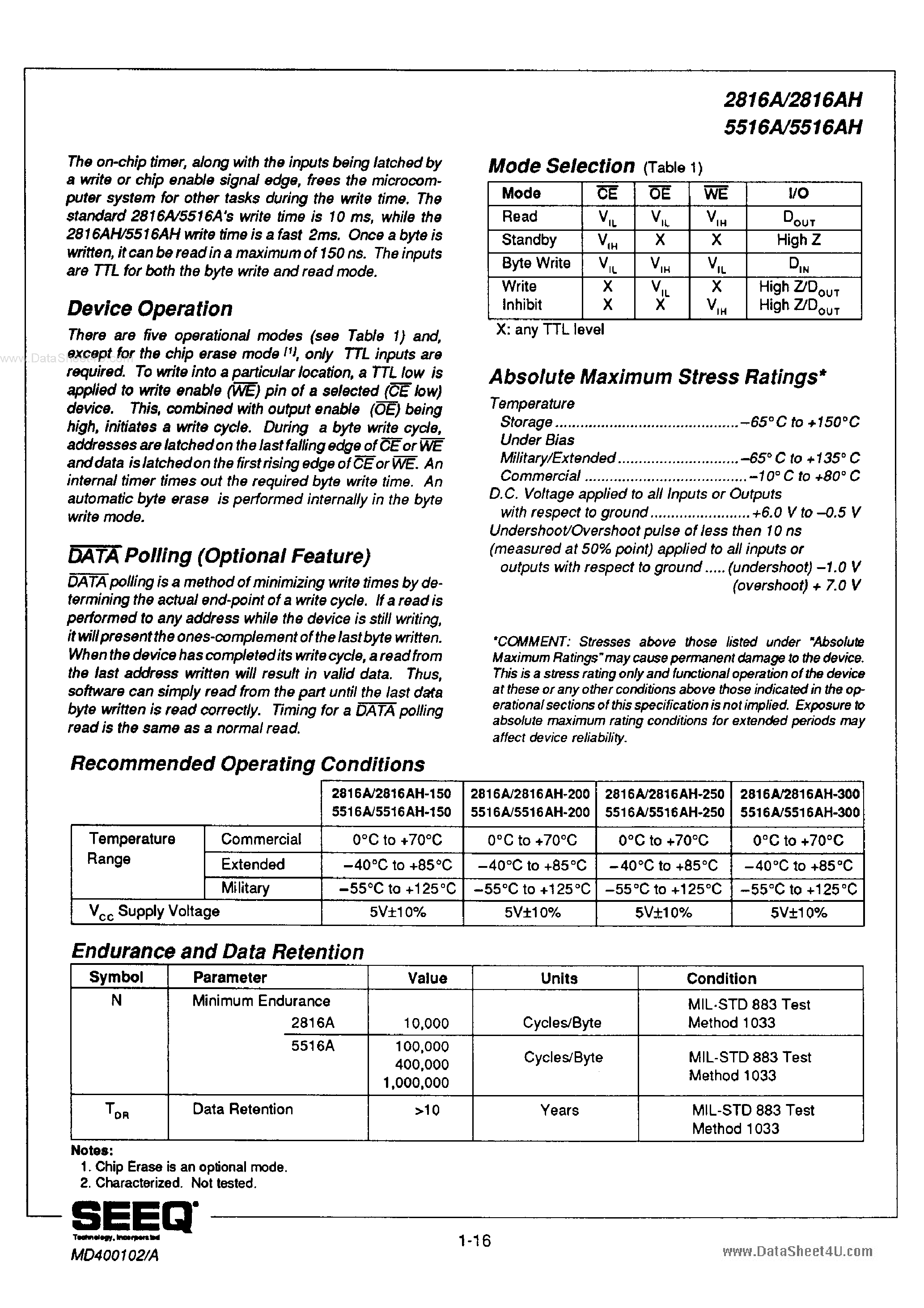 Datasheet DM2816A - Timer E2 16K Electrically Erasable PROMs page 2