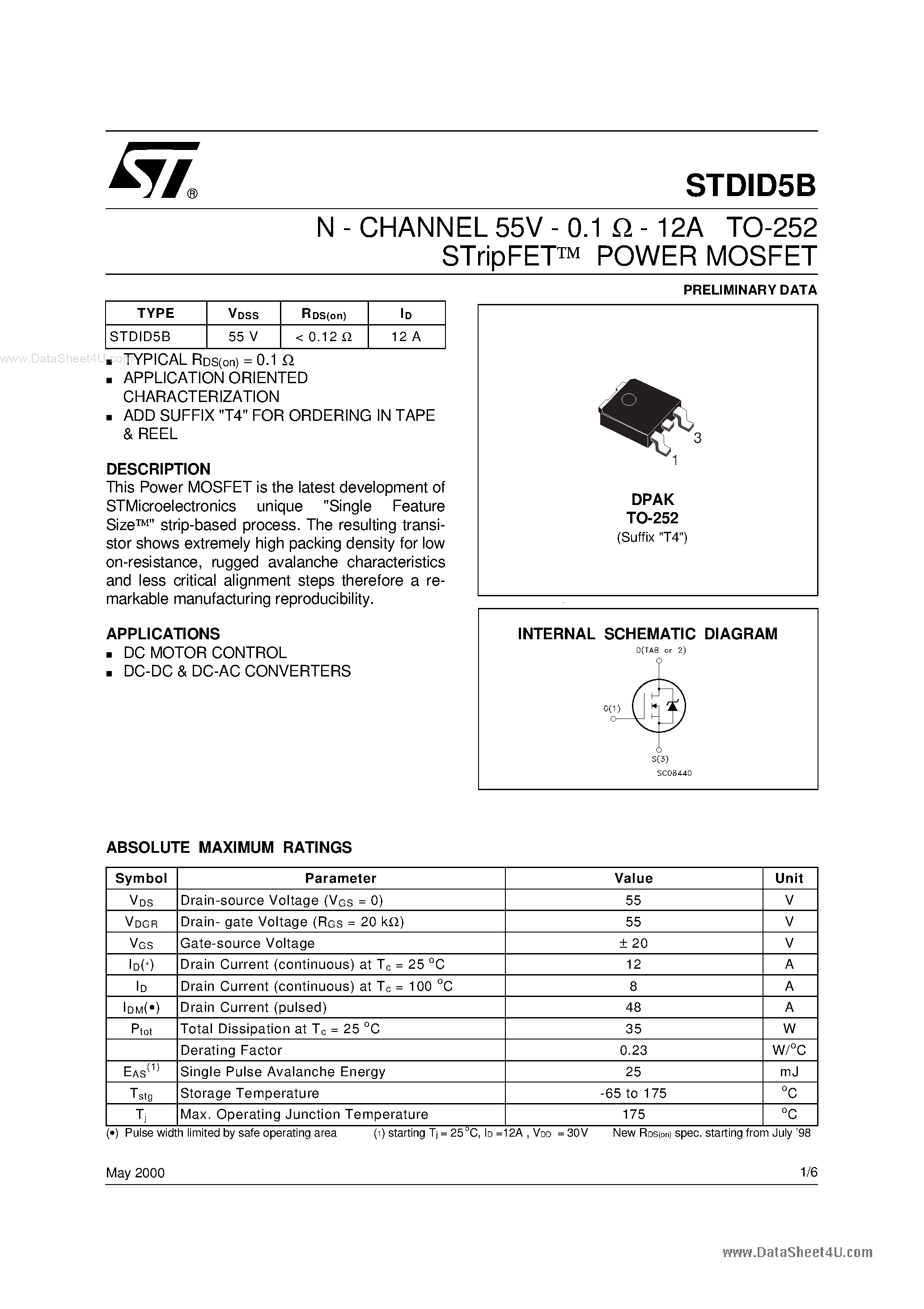 Datasheet STDID5B page 1 Datasheet STDID5B - N-CHANNEL POWER MOSFET page 1
