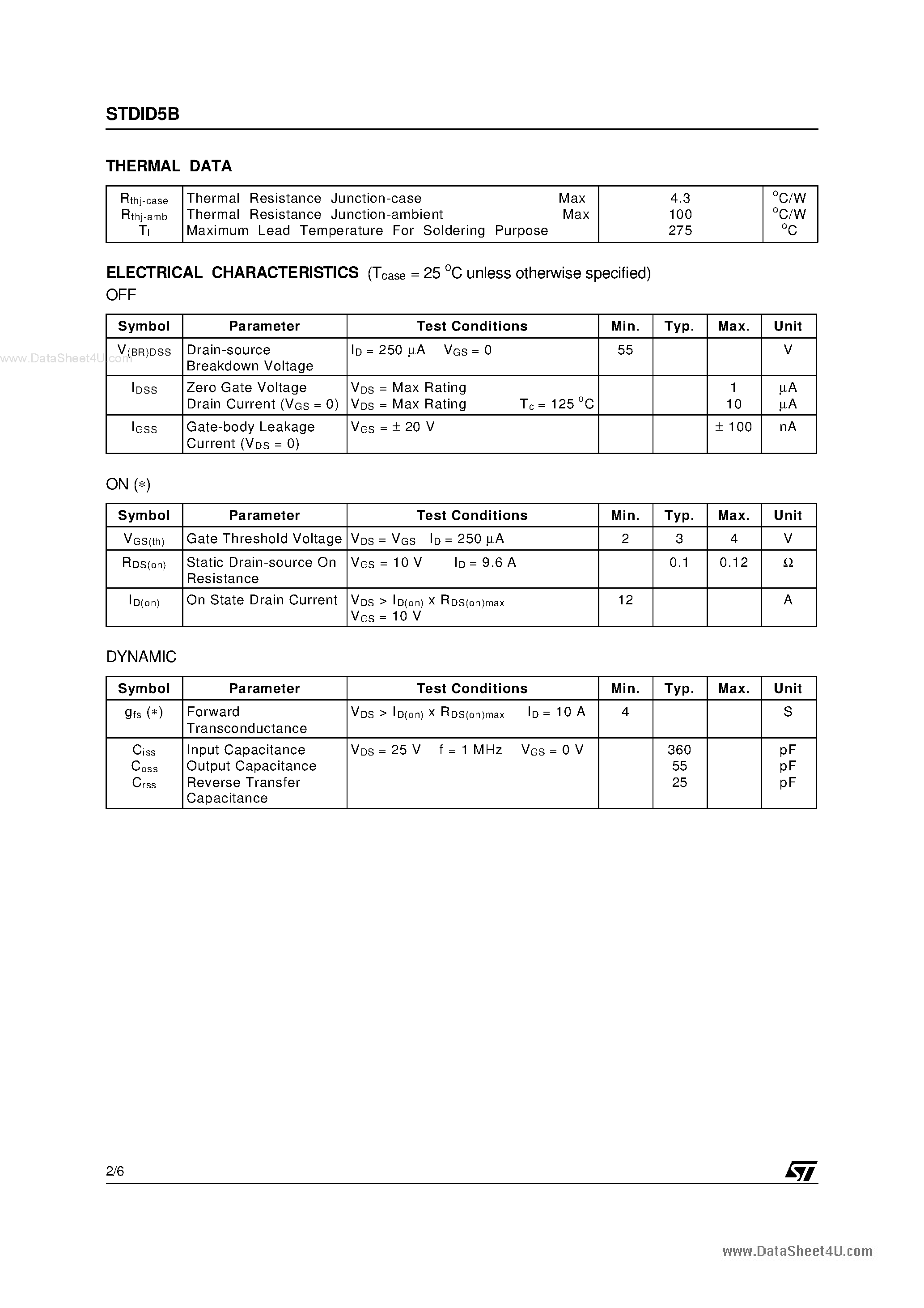 Datasheet STDID5B page 2 Datasheet STDID5B - N-CHANNEL POWER MOSFET page 2