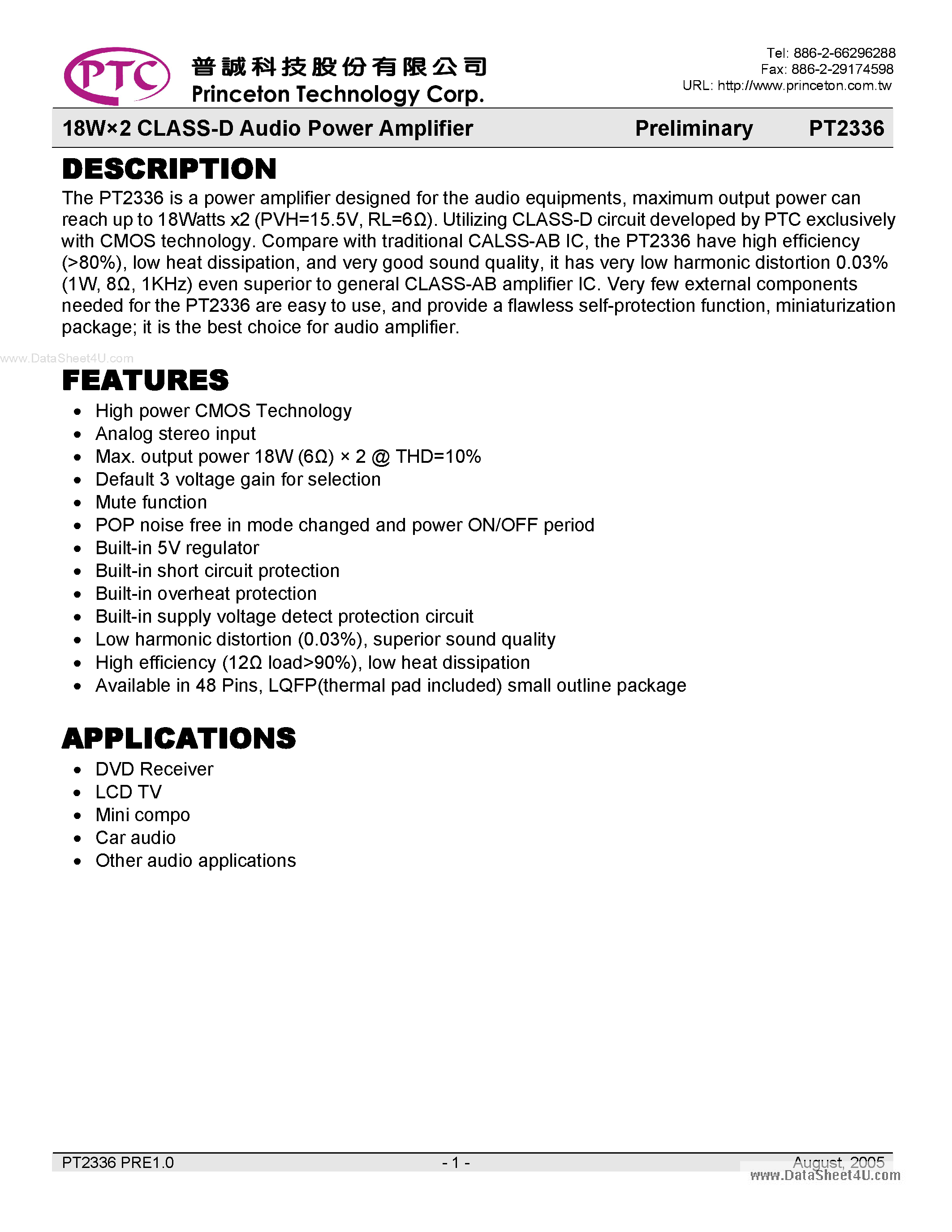 Даташит PT2336 - 18W X 2 Class-D Audio Power Amplifier страница 1