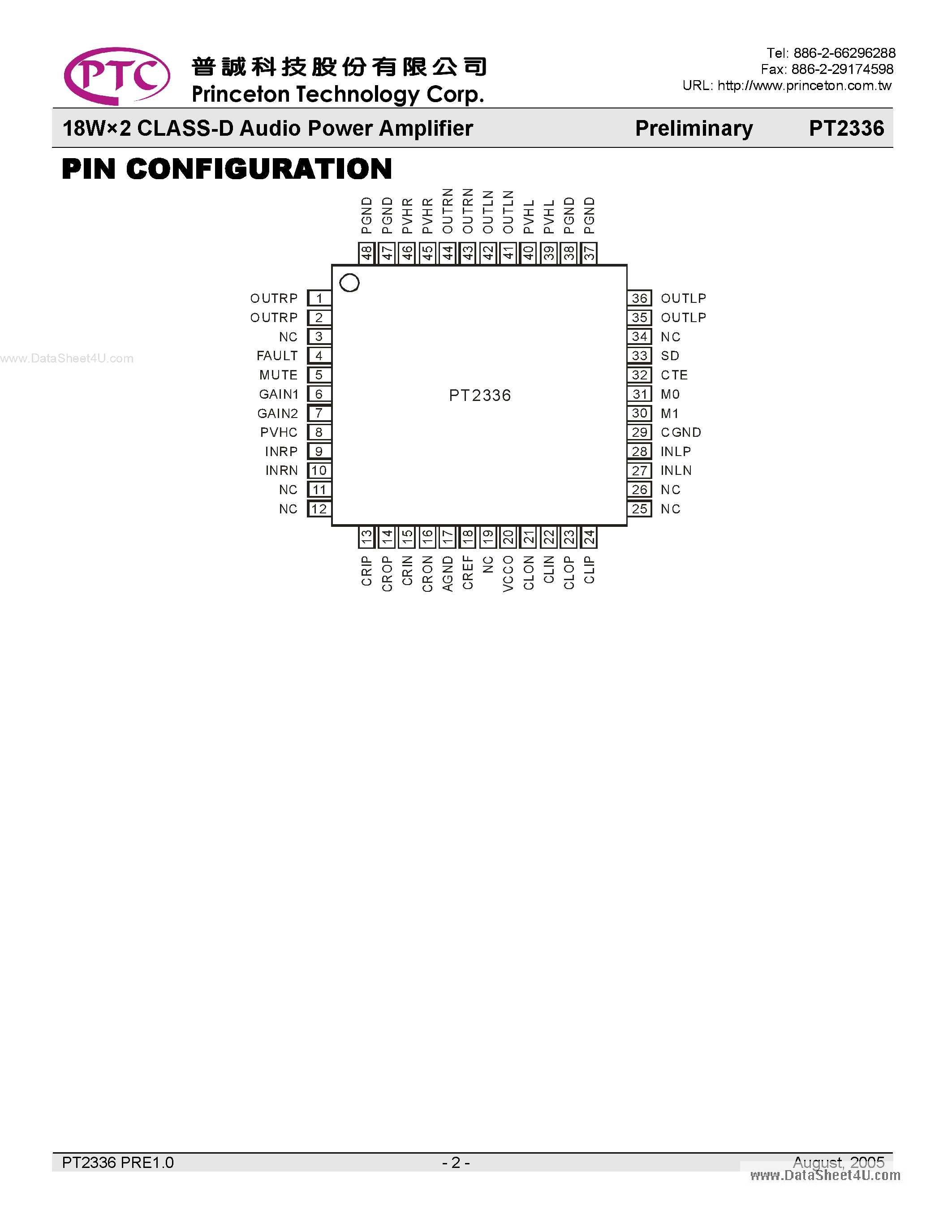 Даташит PT2336 - 18W X 2 Class-D Audio Power Amplifier страница 2