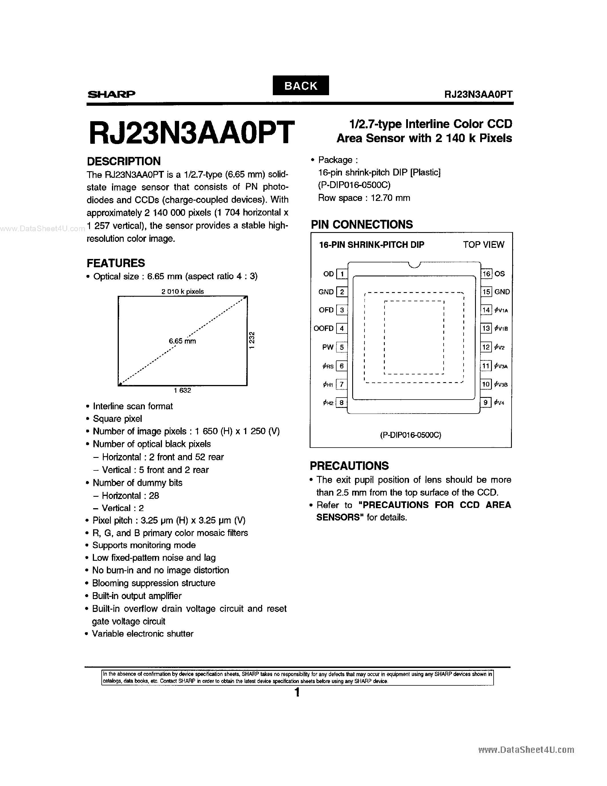 Даташит RJ23N3AA0PT - 1/2.7-type Interline Color CCD Area Sensor страница 1
