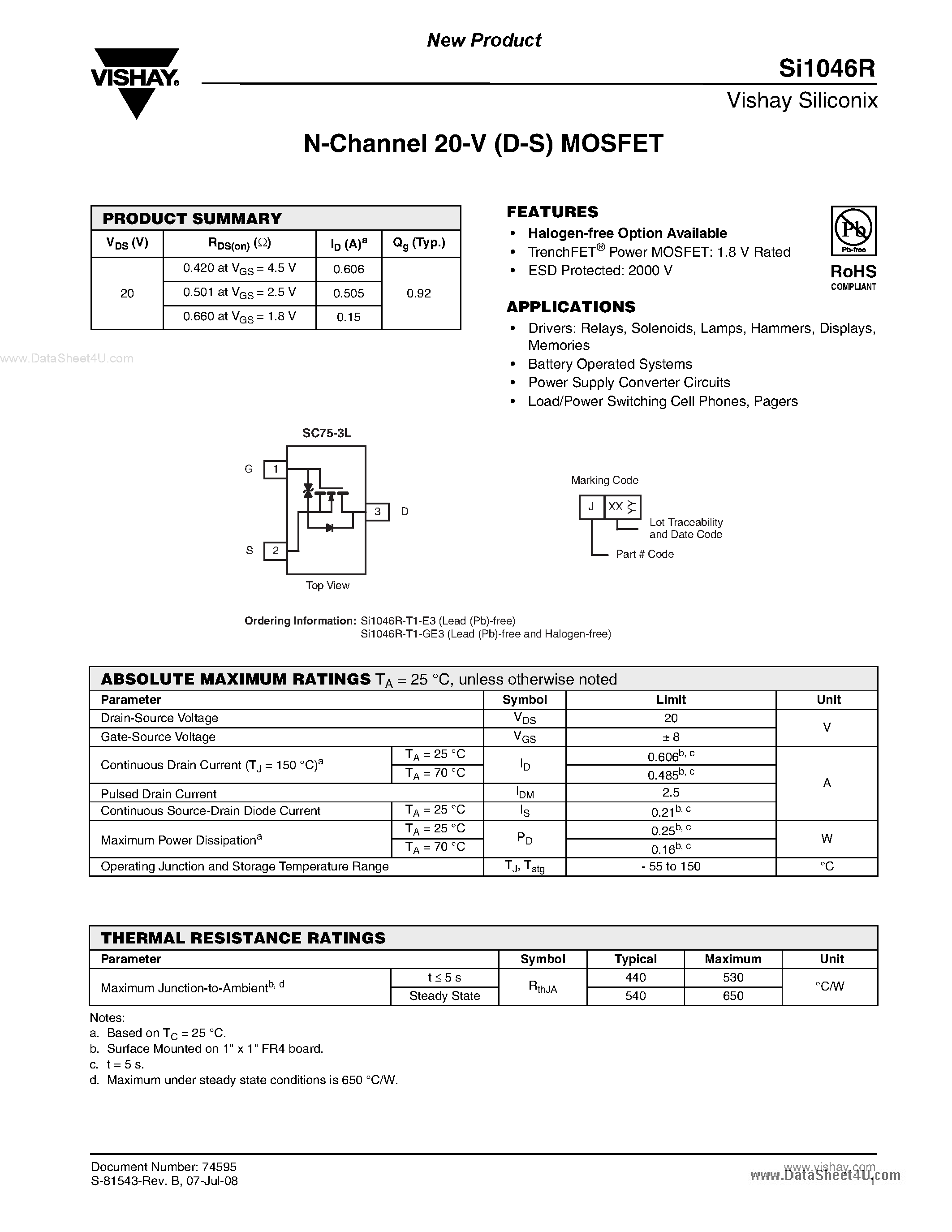 Datasheet SI1046R - N-Channel MOSFET page 1