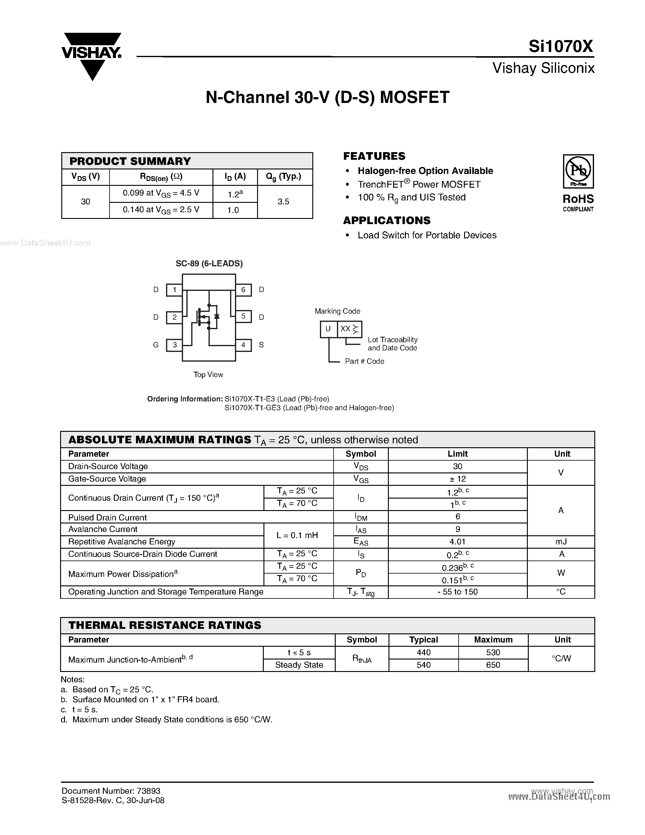 Даташит на микросхему SI1070X страница 1 Даташит SI1070X - N-Channel MOSFET страница 1