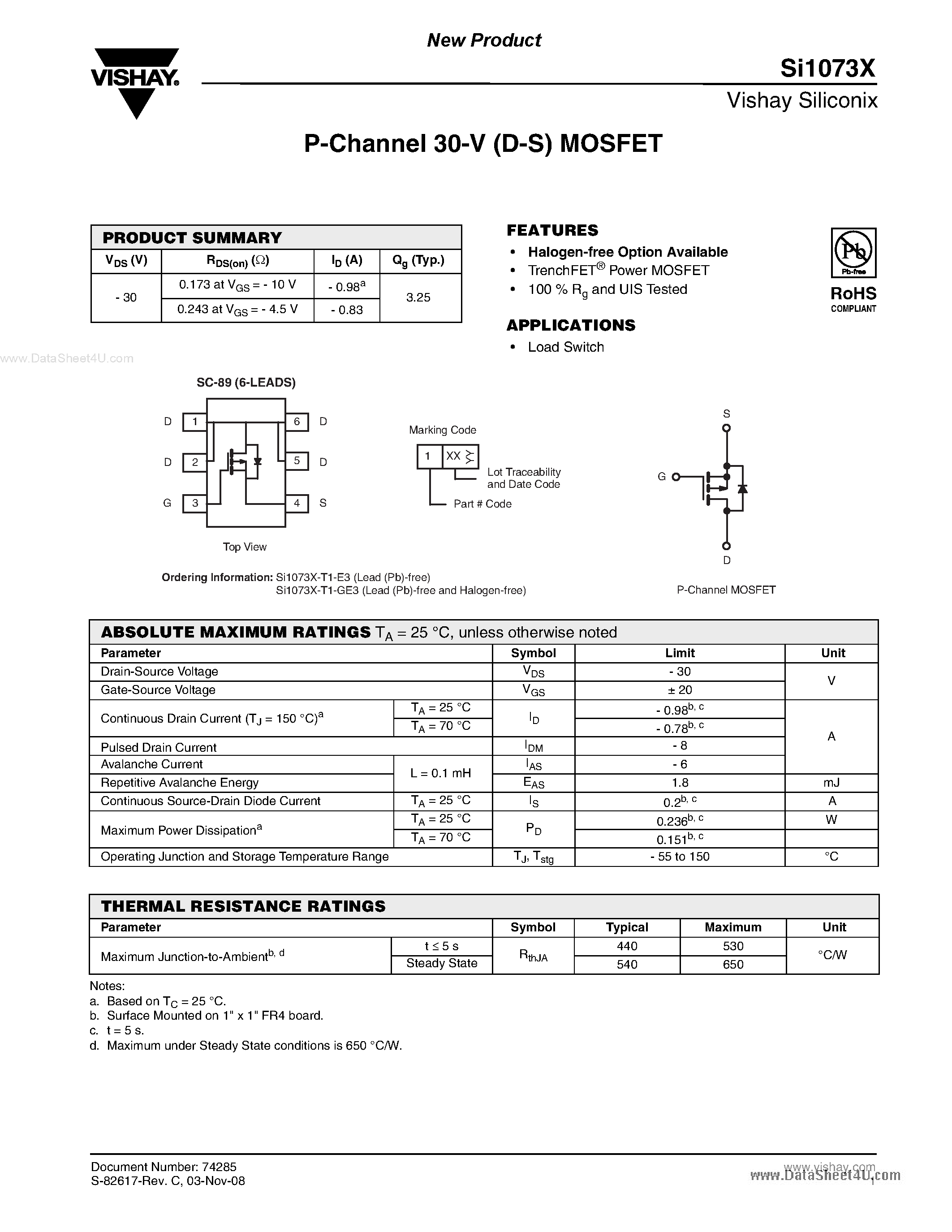 Datasheet SI1073X page 1 Datasheet SI1073X - P-Channel MOSFET page 1