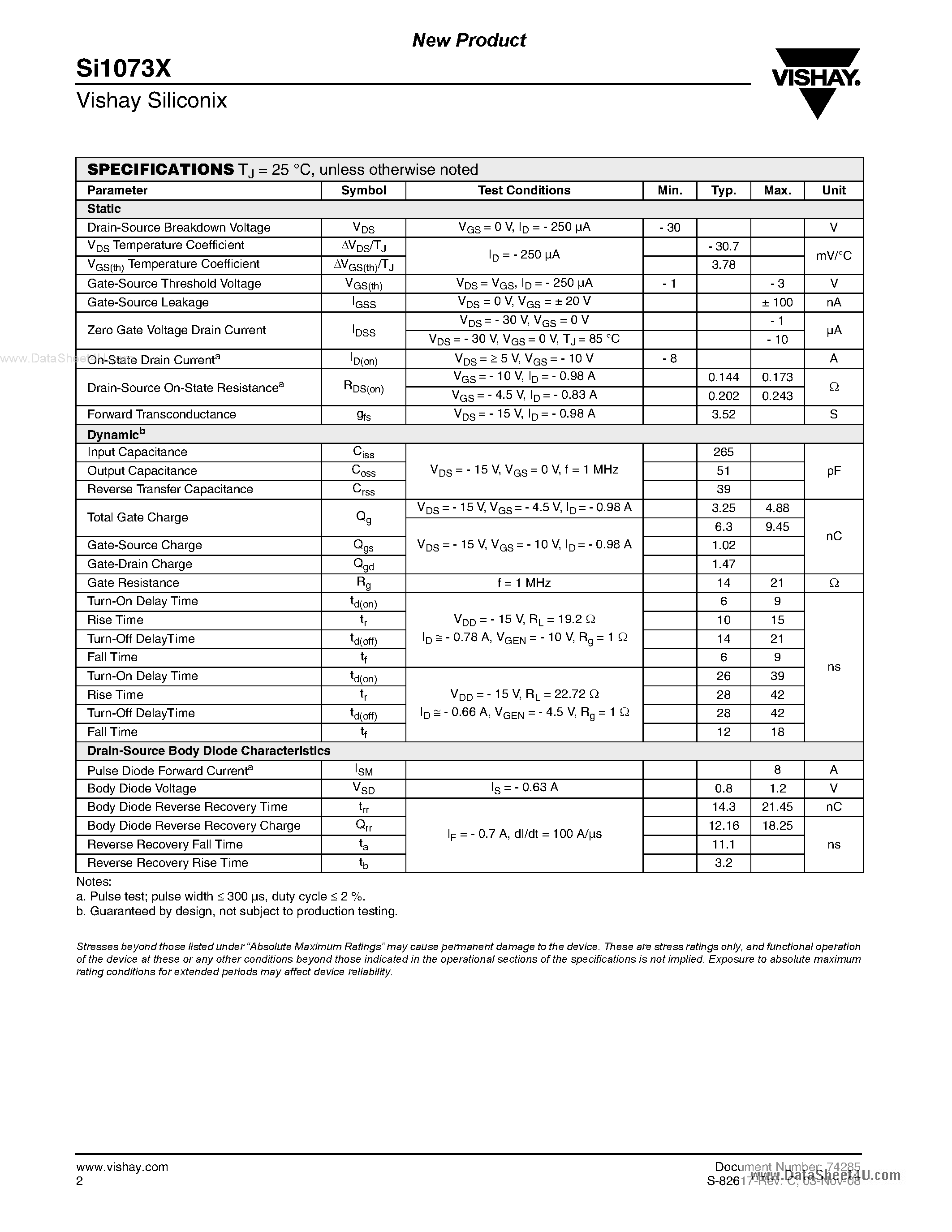 Datasheet SI1073X page 2 Datasheet SI1073X - P-Channel MOSFET page 2