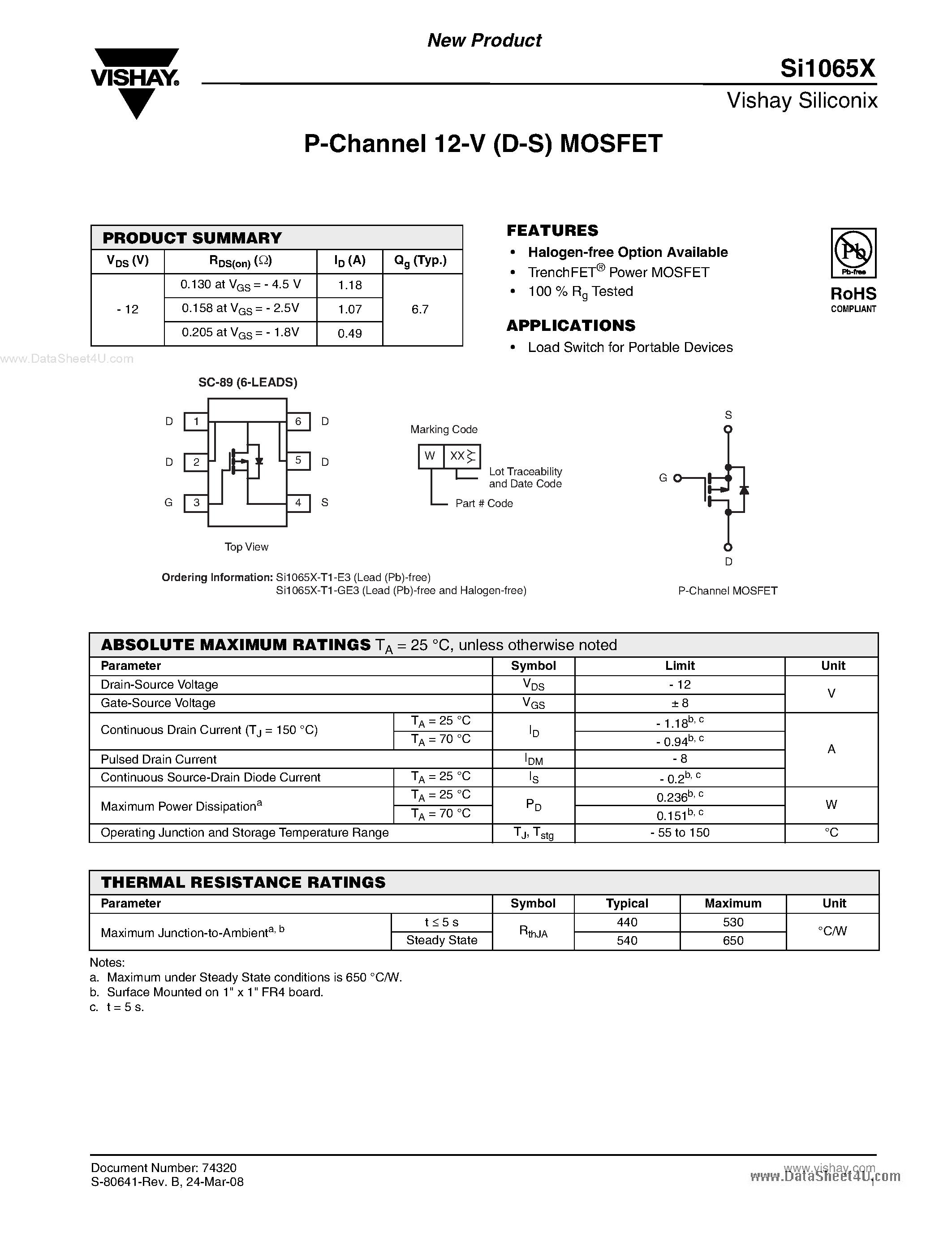 Даташит SI1065X - P-Channel MOSFET страница 1