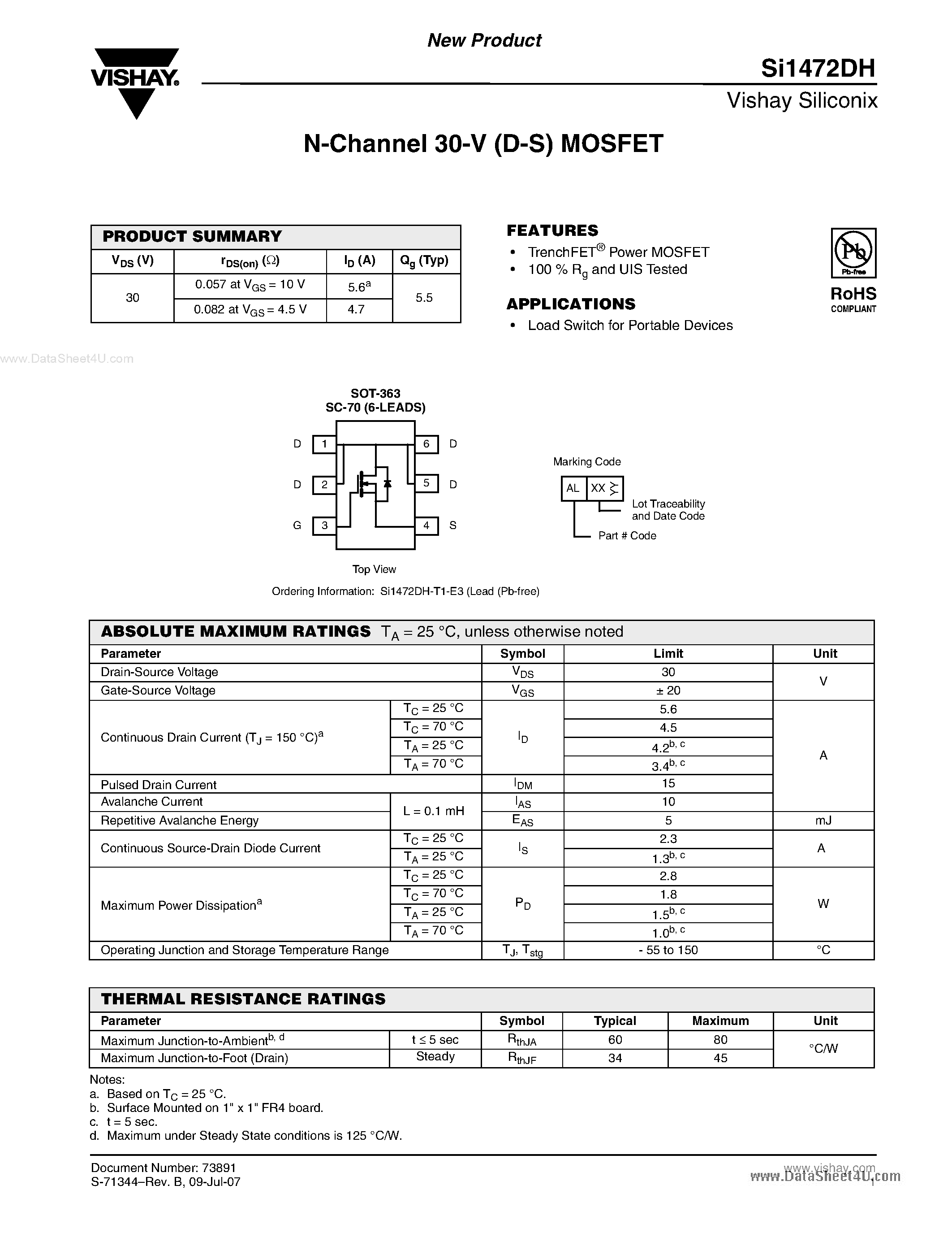 Даташит SI1472DH - N-Channel MOSFET страница 1