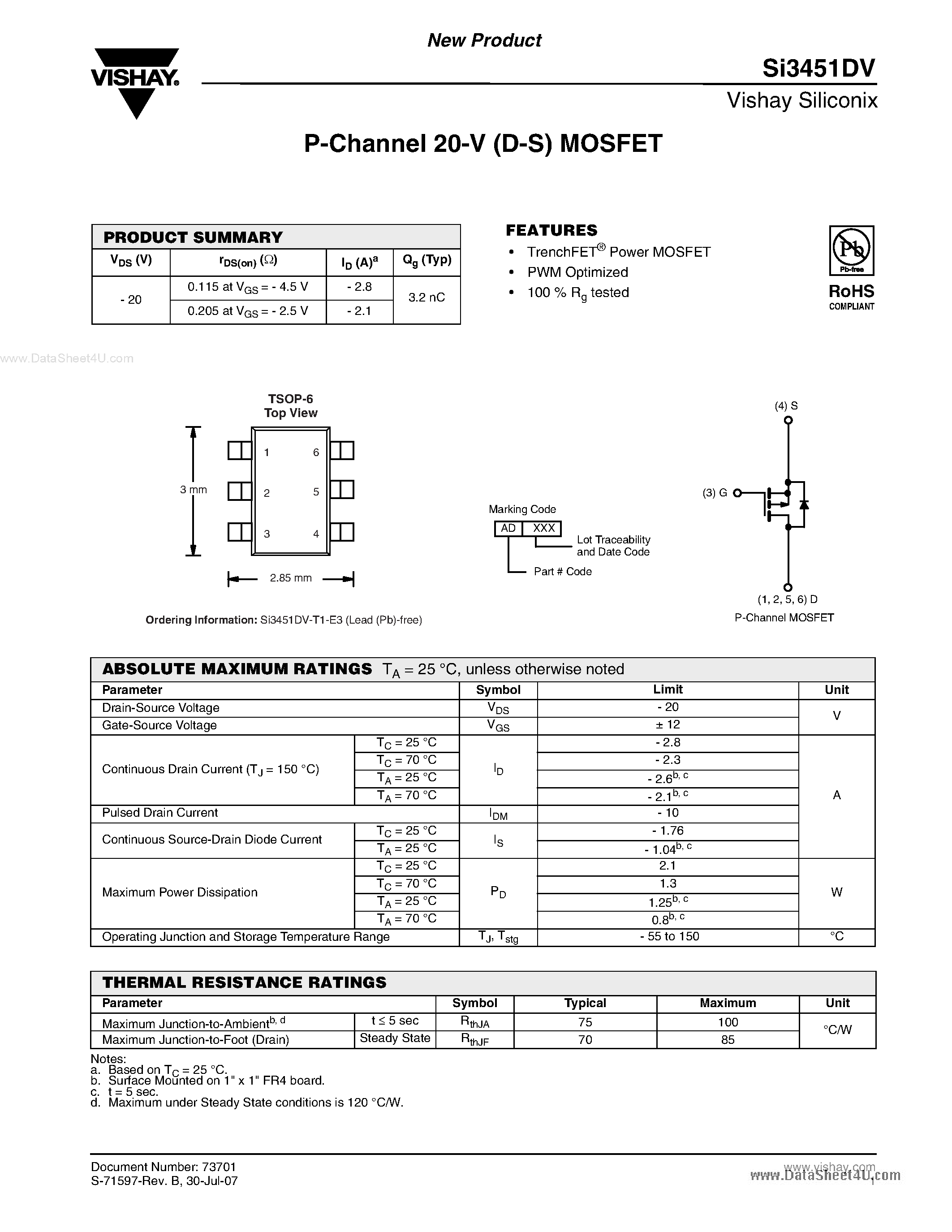 Даташит на микросхему SI3451DV страница 1 Даташит SI3451DV - P-Channel MOSFET страница 1