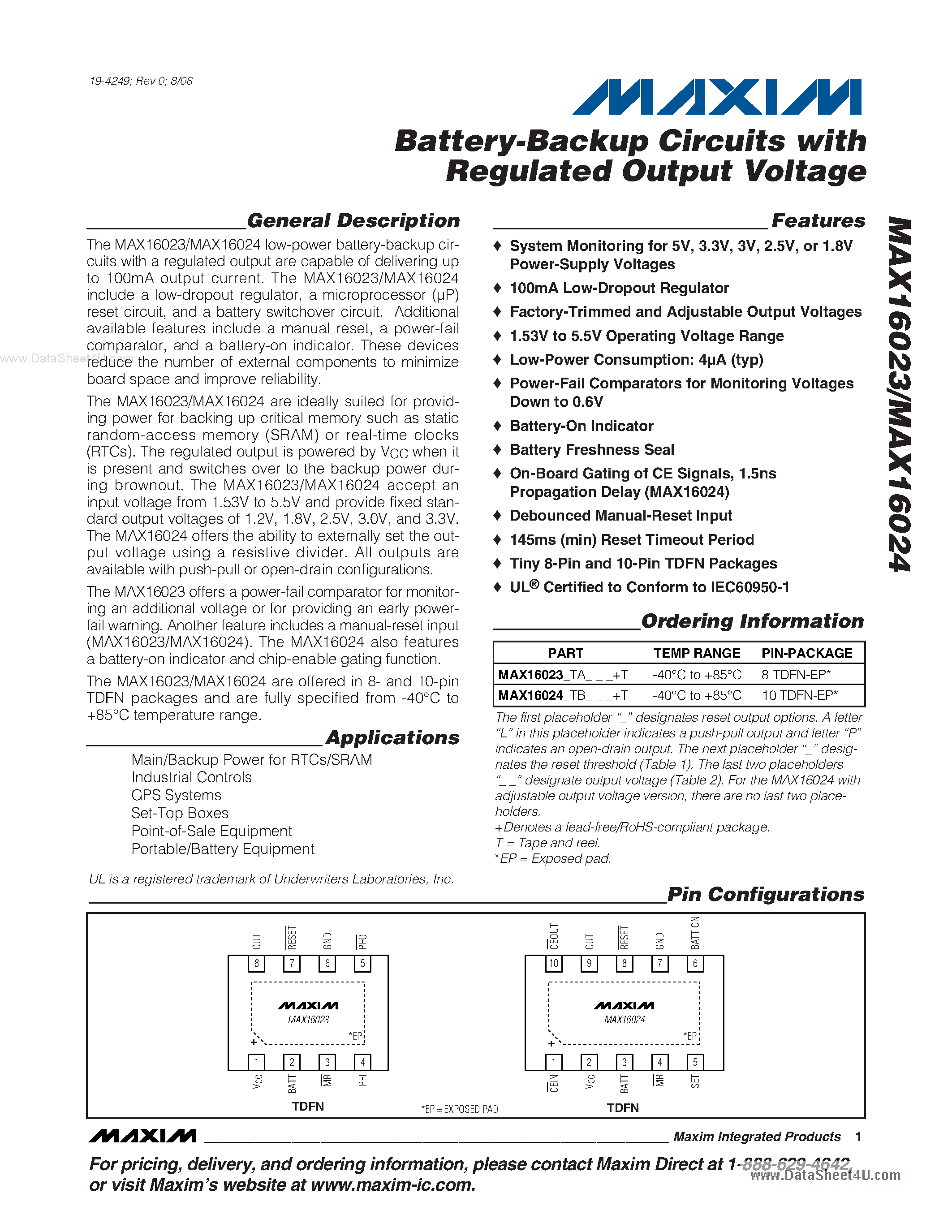 Datasheet MAX16023 - (MAX16023 / MAX16024) Battery-Backup Circuits page 1