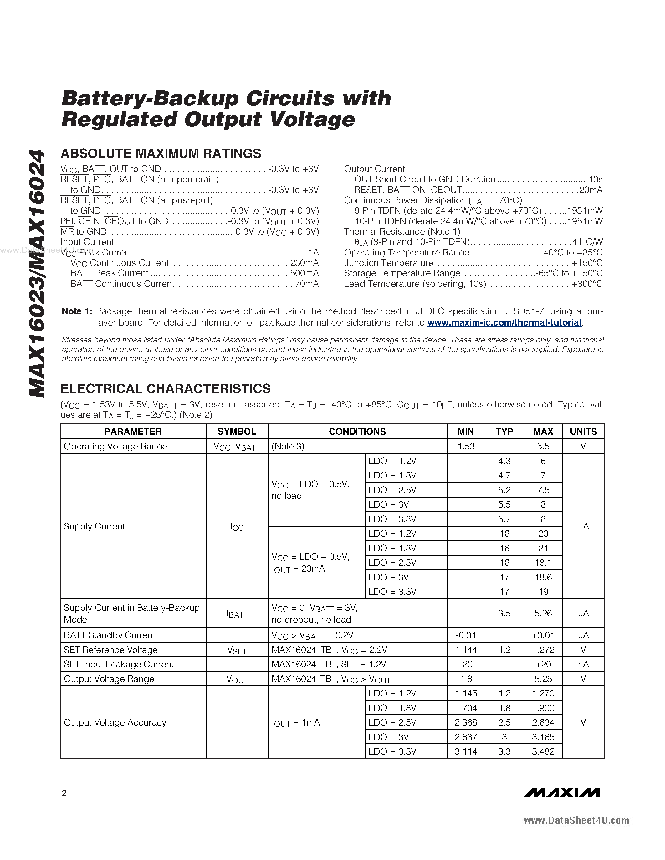 Datasheet MAX16023 - (MAX16023 / MAX16024) Battery-Backup Circuits page 2