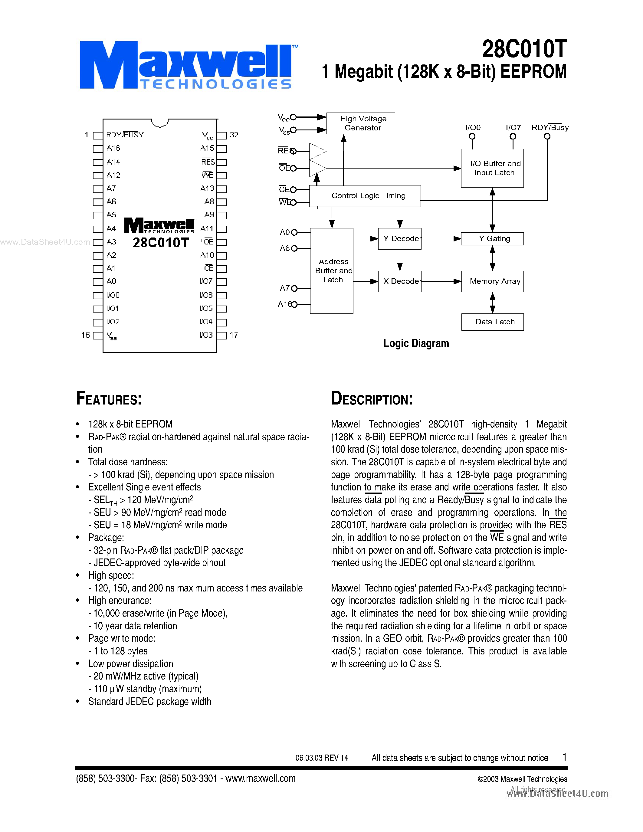 Даташит на микросхему 28C010T страница 1 Даташит 28C010T - 1 Megabit (128K x 8-Bit) EEPROM страница 1