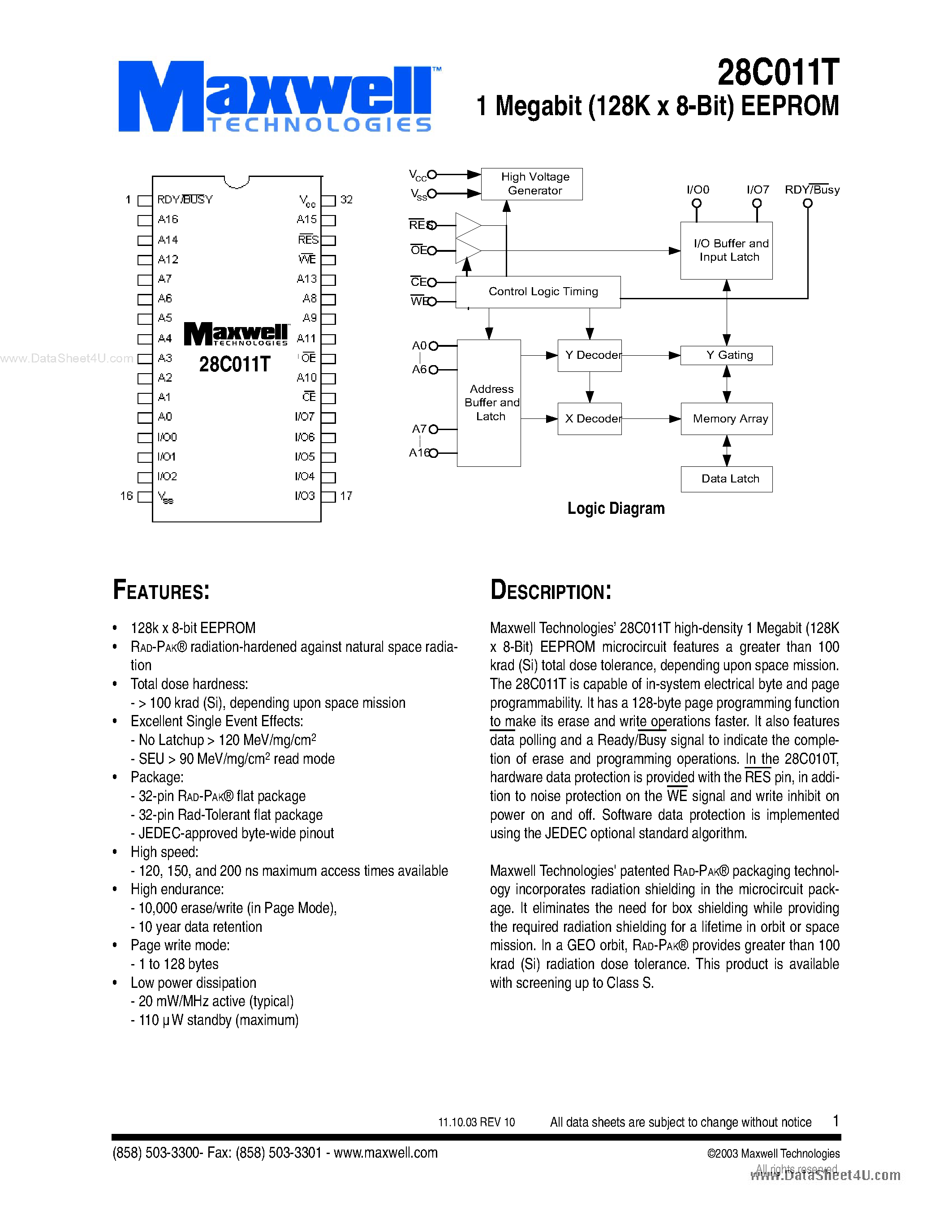 Datasheet 28C011T - 1 Megabit (128K x 8-Bit) EEPROM page 1