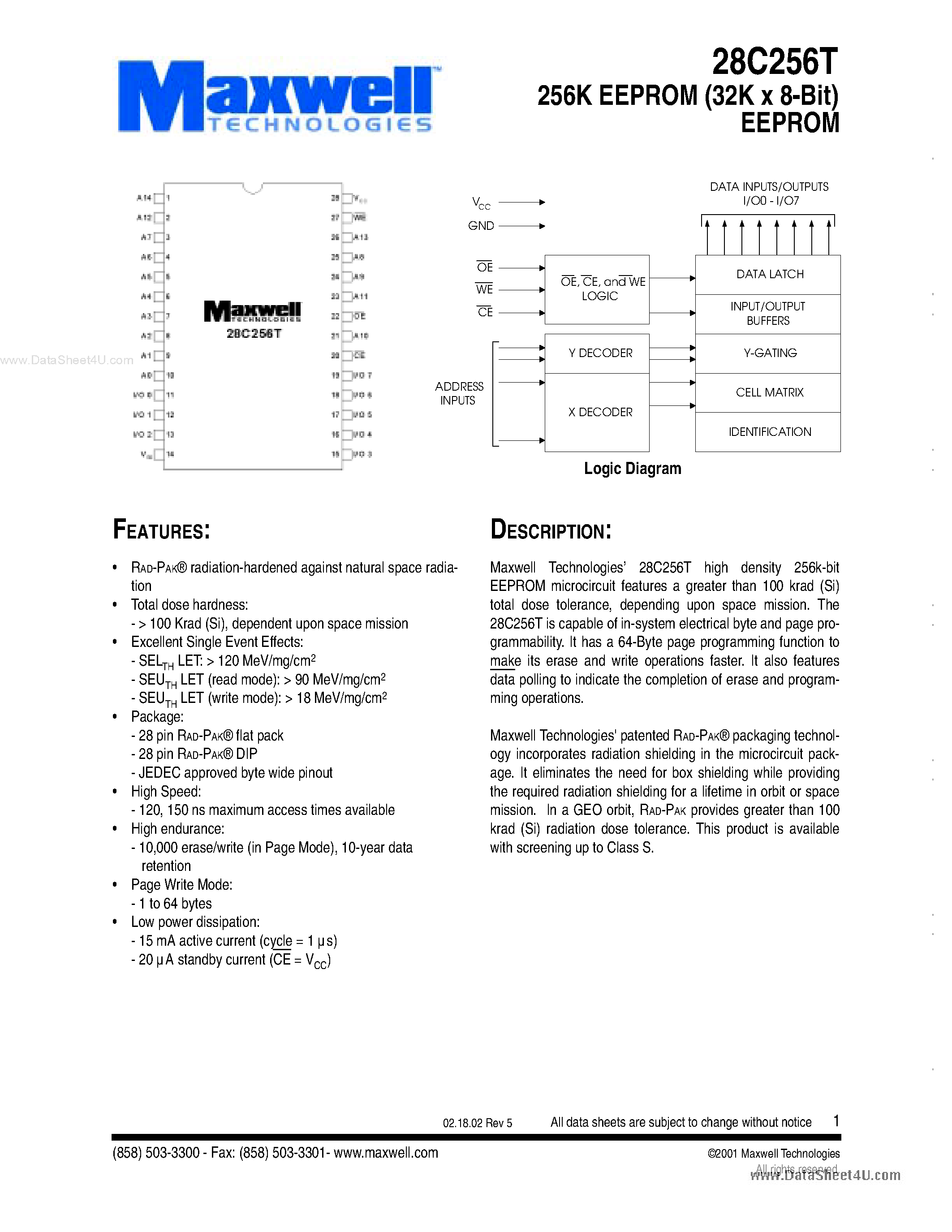 Datasheet 28C256T - 256K EEPROM (32K x 8-Bit) EEPROM page 1