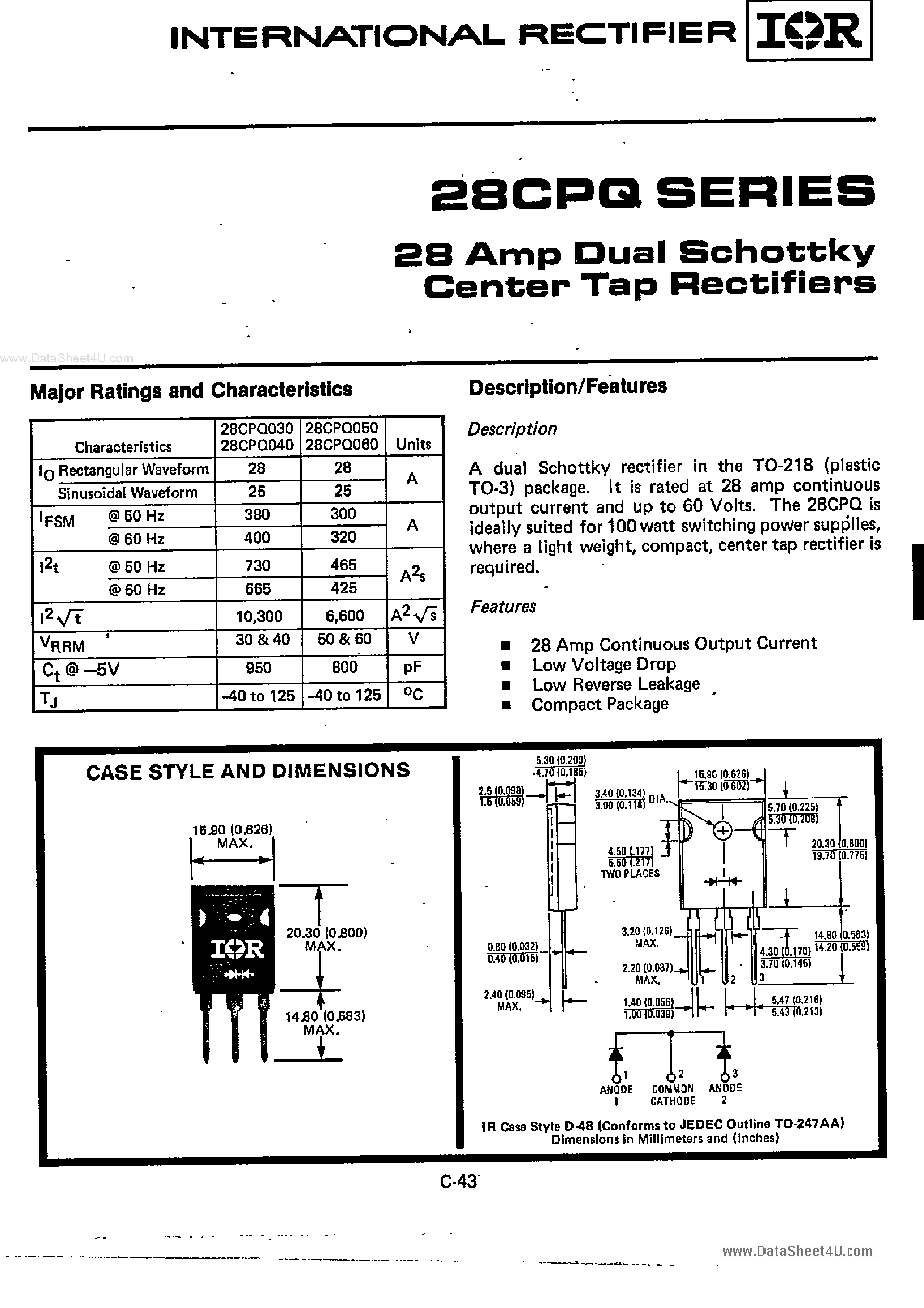 Datasheet 28CPQ030 page 1 Datasheet 28CPQ030 - 28Amp Dual Schottky Center Tap Rectifiers page 1