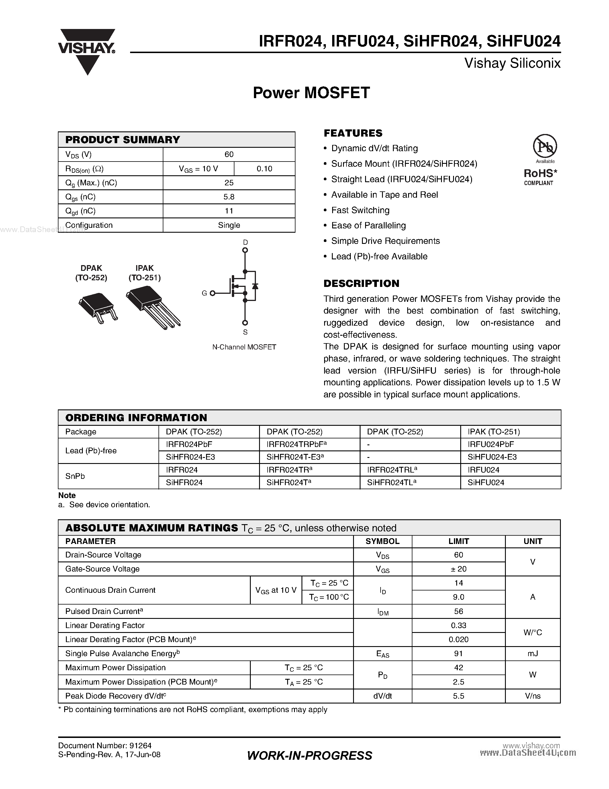 Datasheet IRFU024 - Power MOSFET page 1