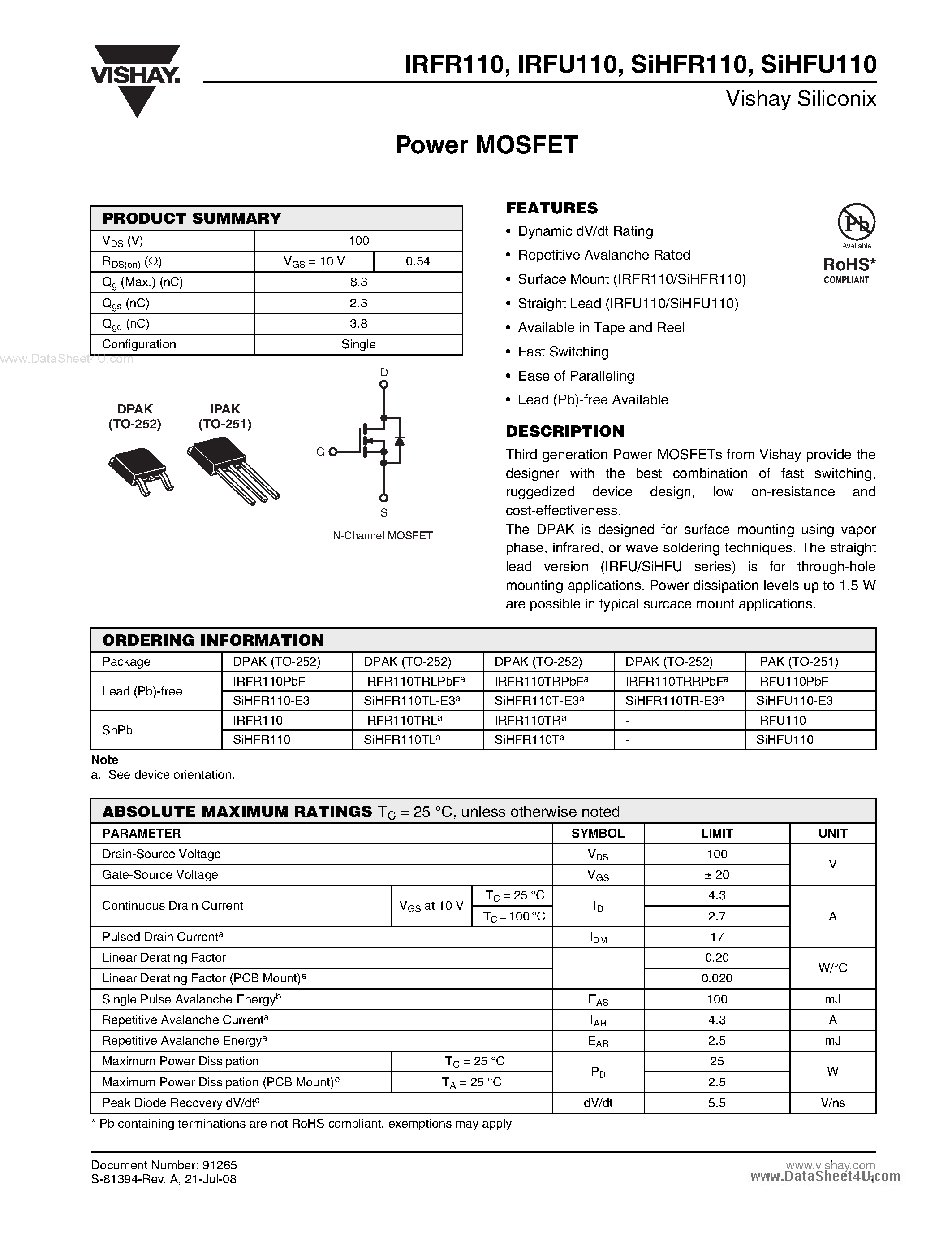 Datasheet IRFU110 - Power MOSFET page 1