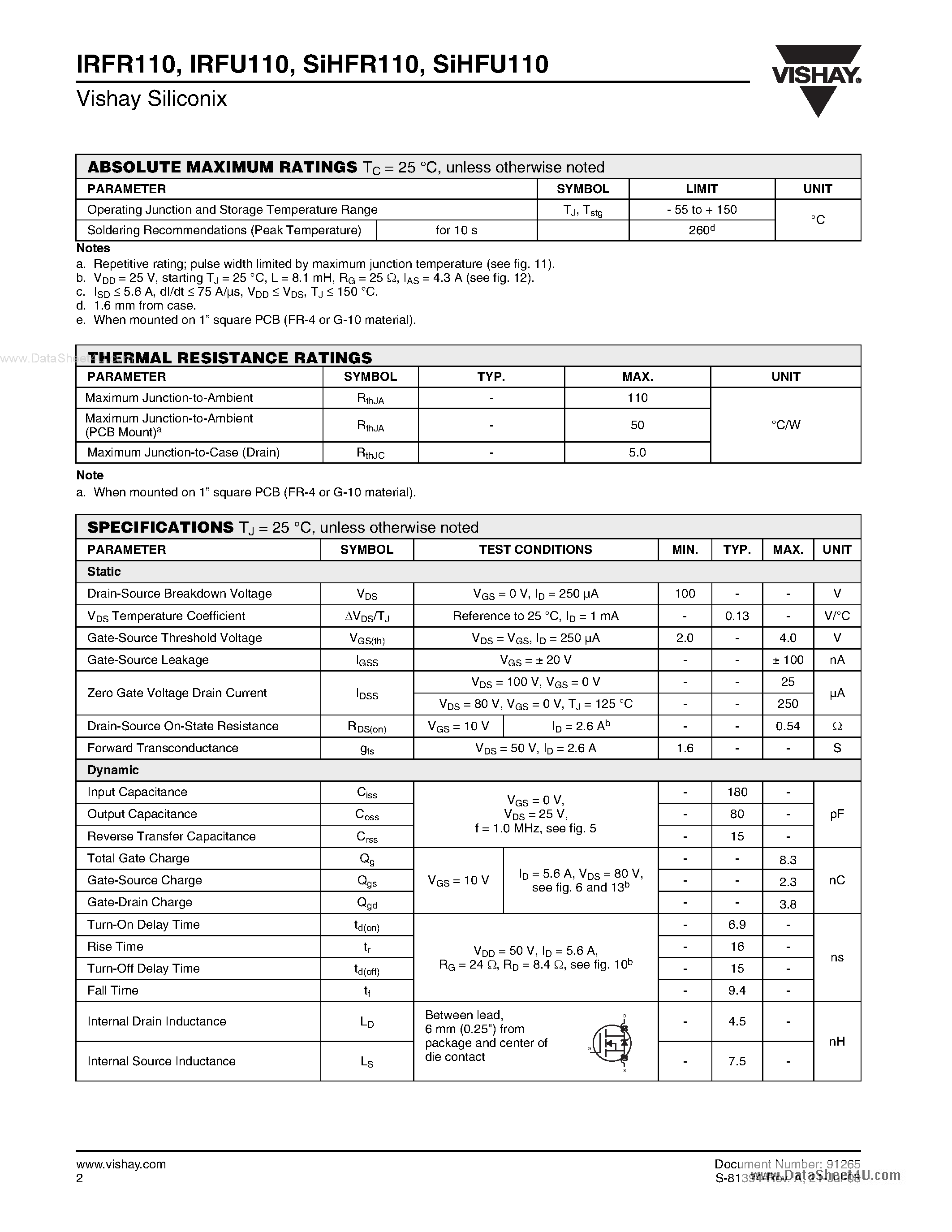 Datasheet IRFU110 - Power MOSFET page 2