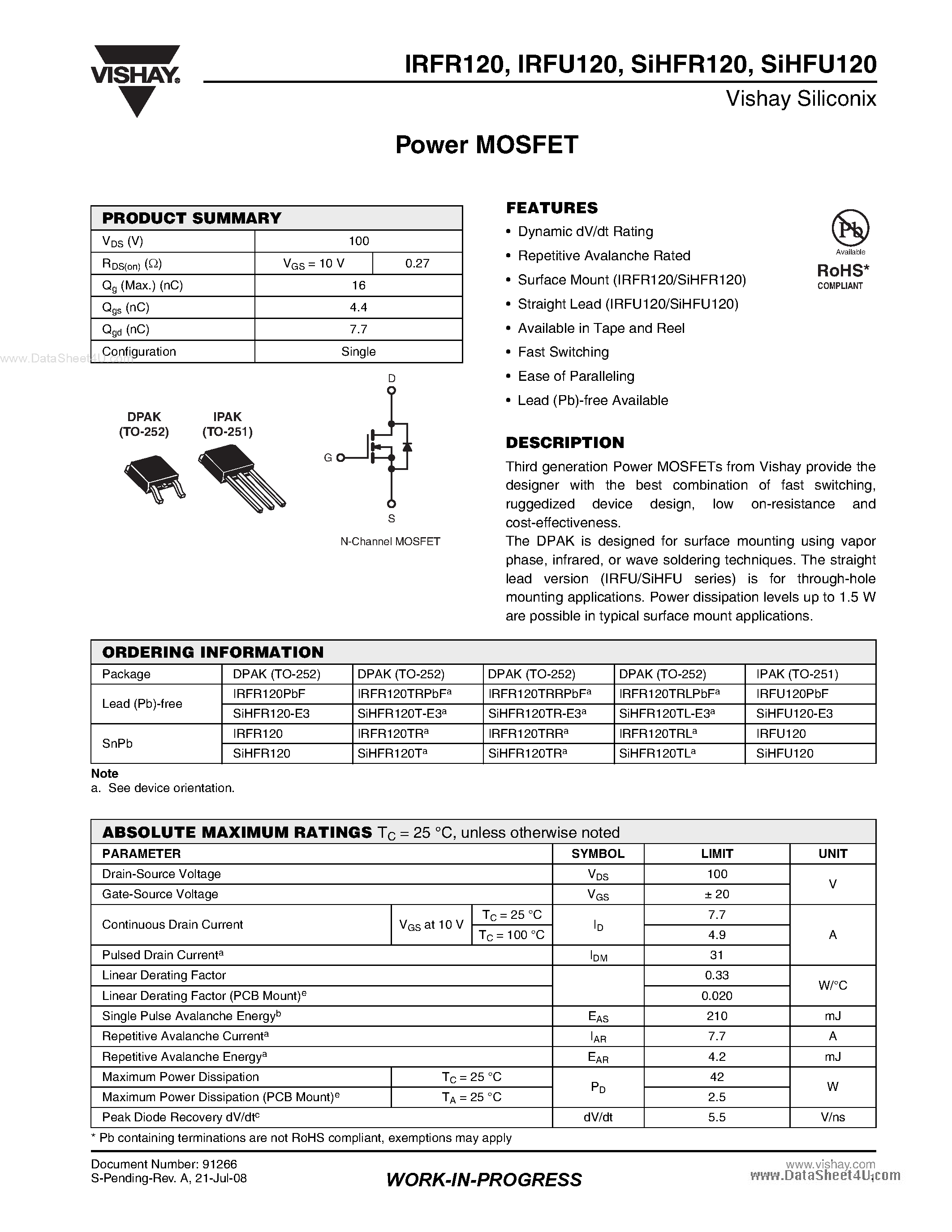 Datasheet IRFU120 - Power MOSFET page 1