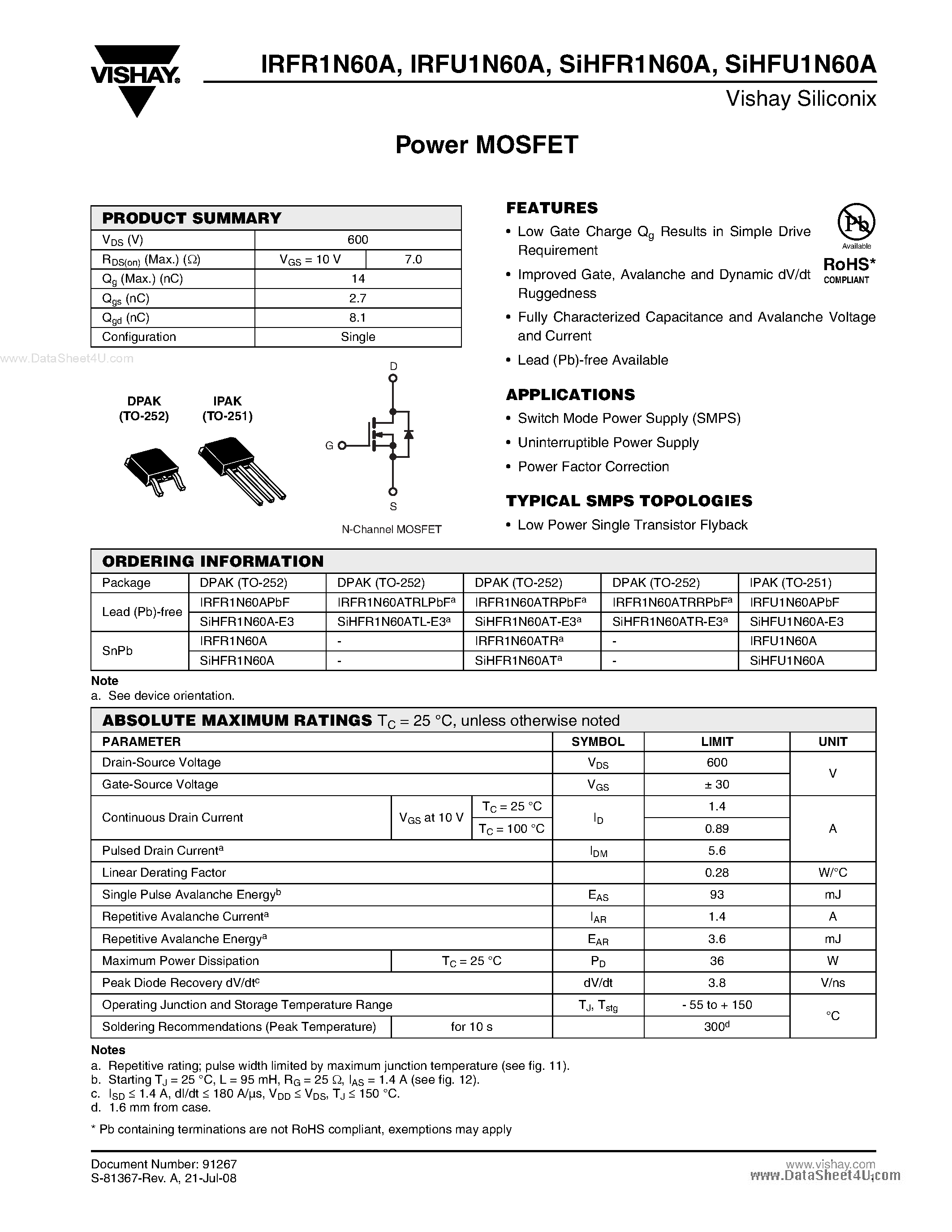 Datasheet IRFR1N60A - Power MOSFET page 1