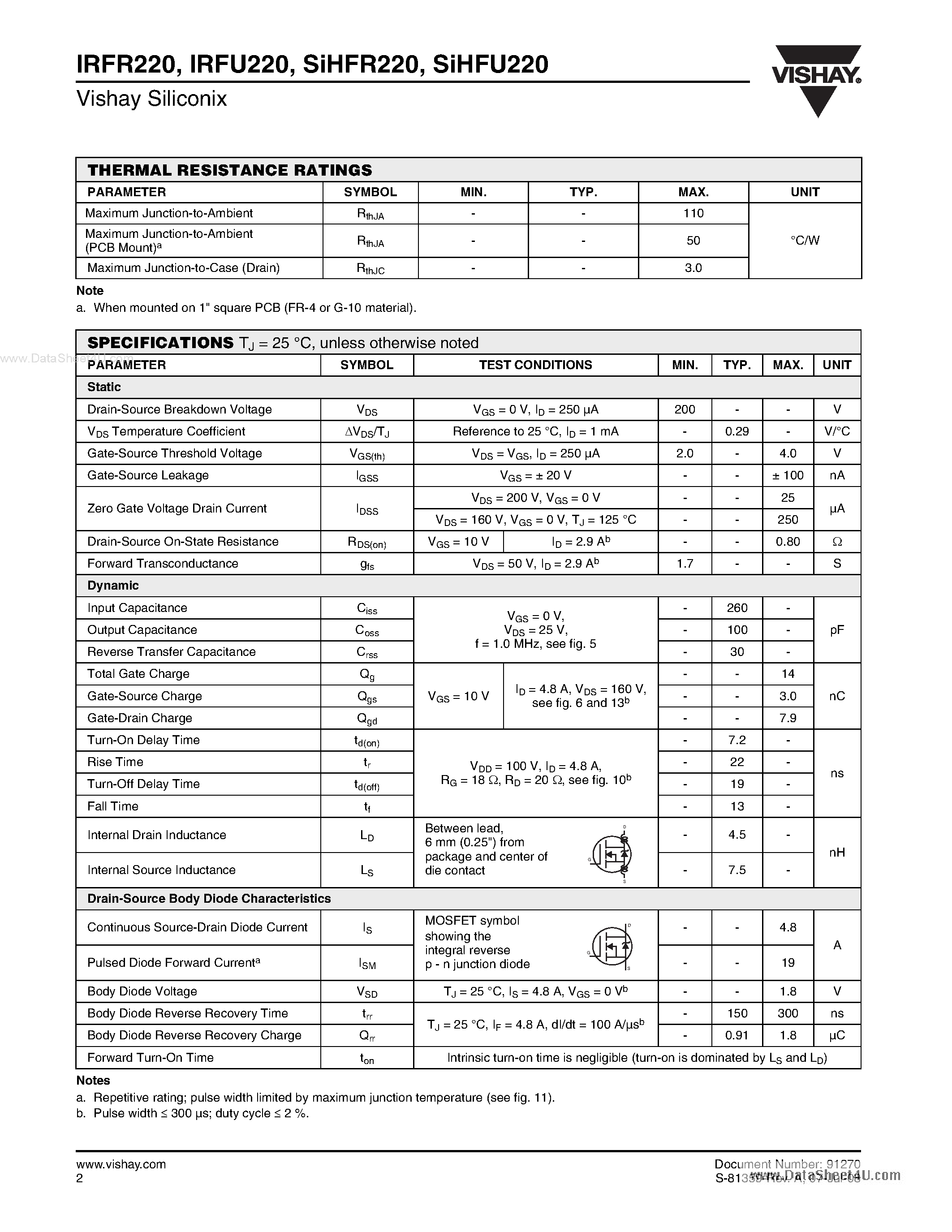 Datasheet IRFU220 page 2 Datasheet IRFU220 - Power MOSFET page 2