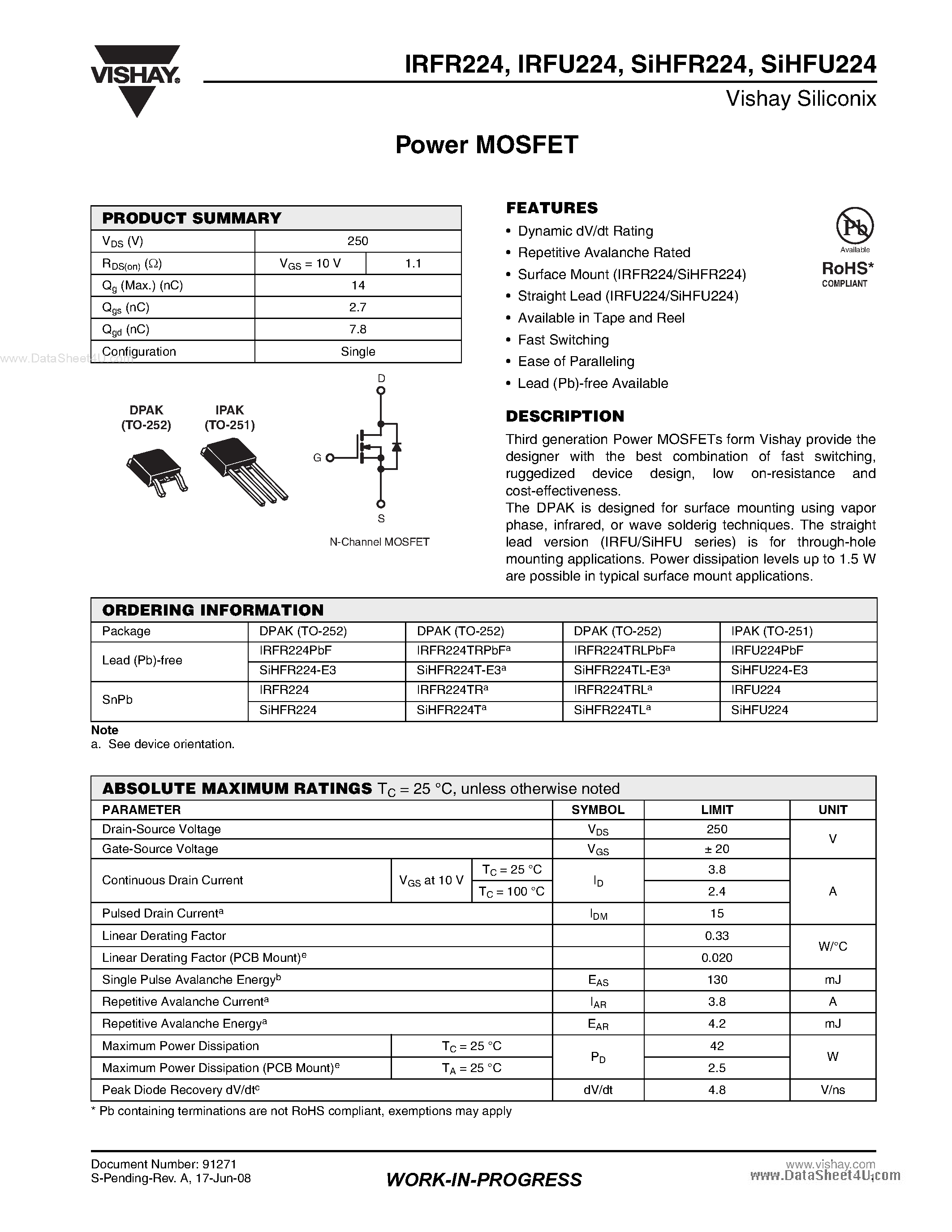 Datasheet IRFU224 - Power MOSFET page 1