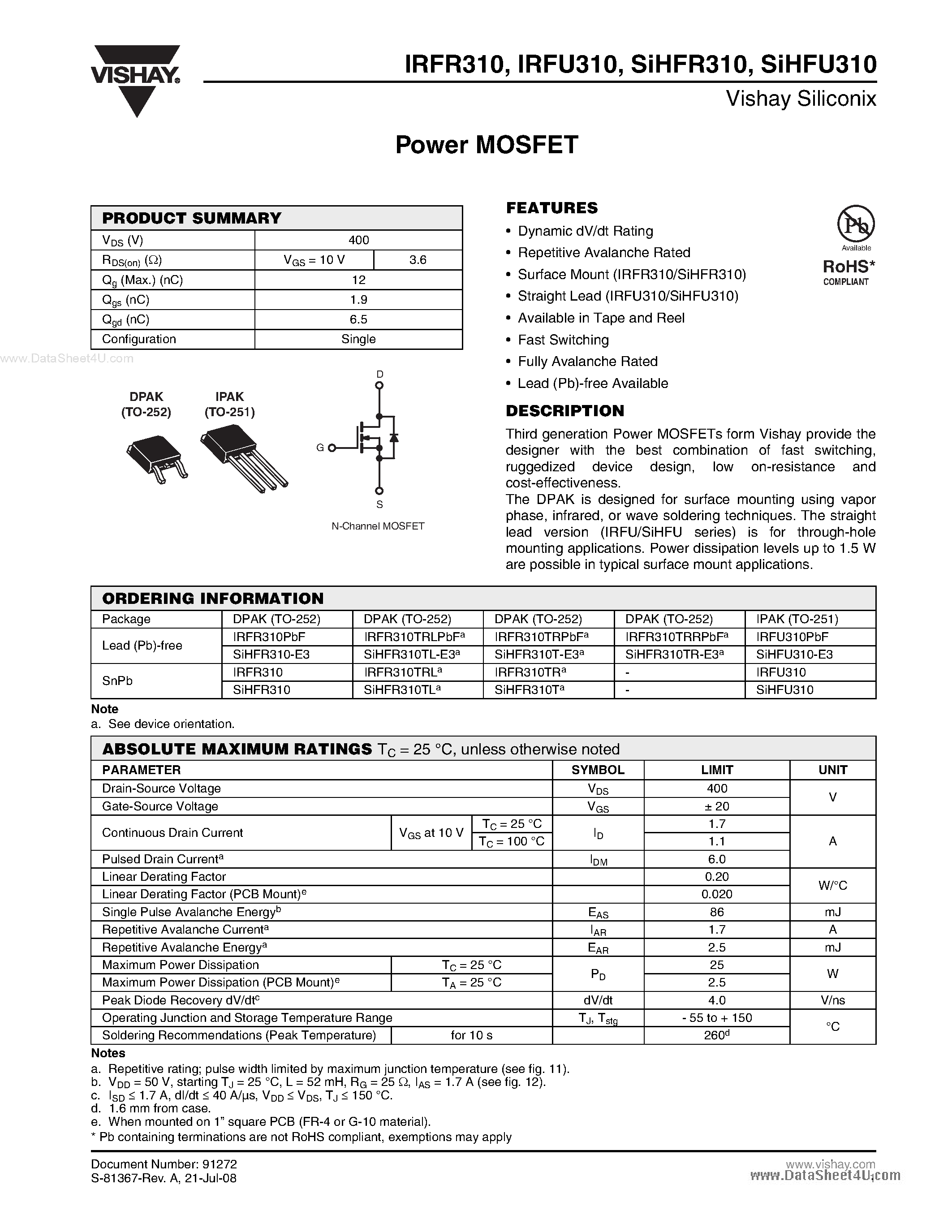 Datasheet IRFR310 - Power MOSFET page 1