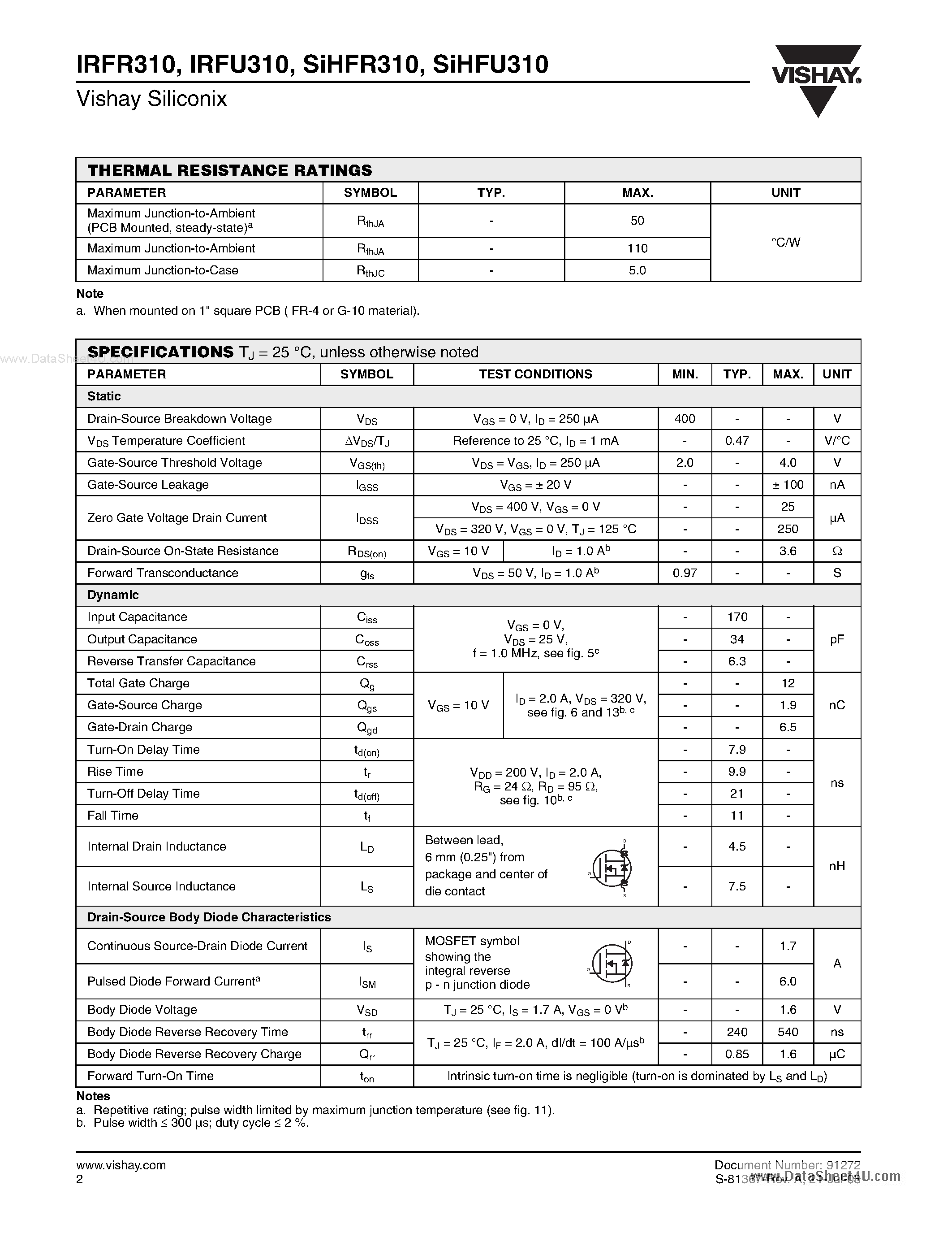 Datasheet IRFR310 - Power MOSFET page 2