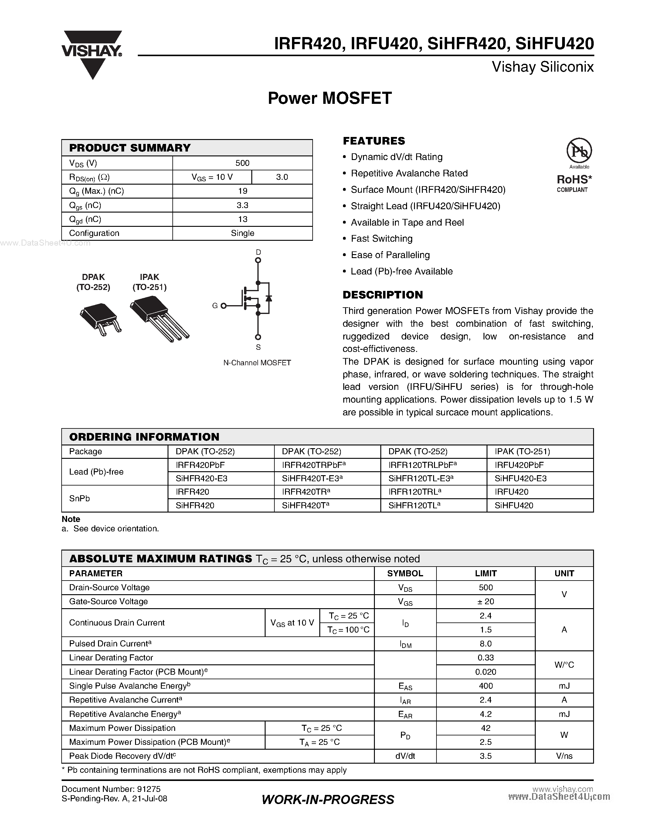 Datasheet IRFR420 - Power MOSFET page 1