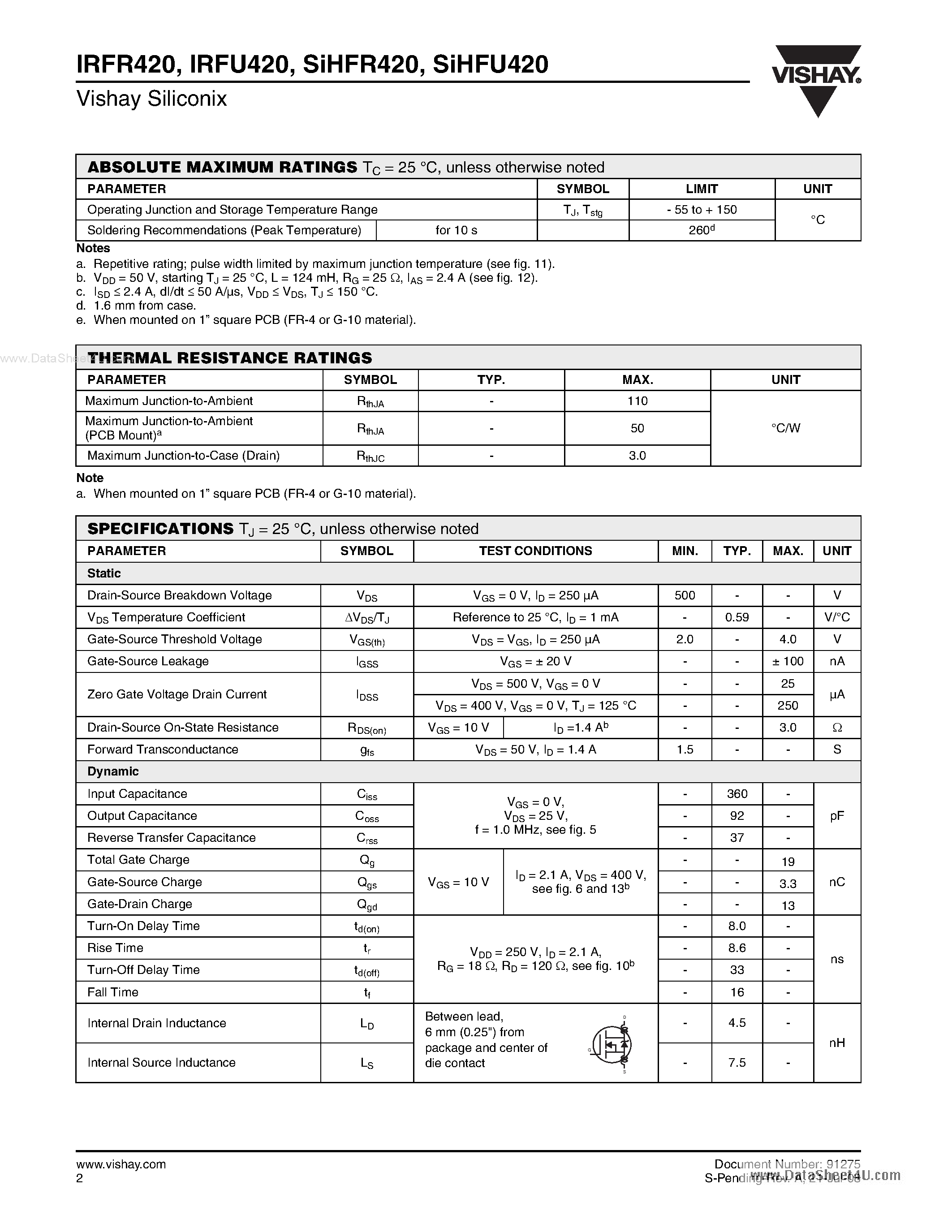 Datasheet IRFR420 - Power MOSFET page 2