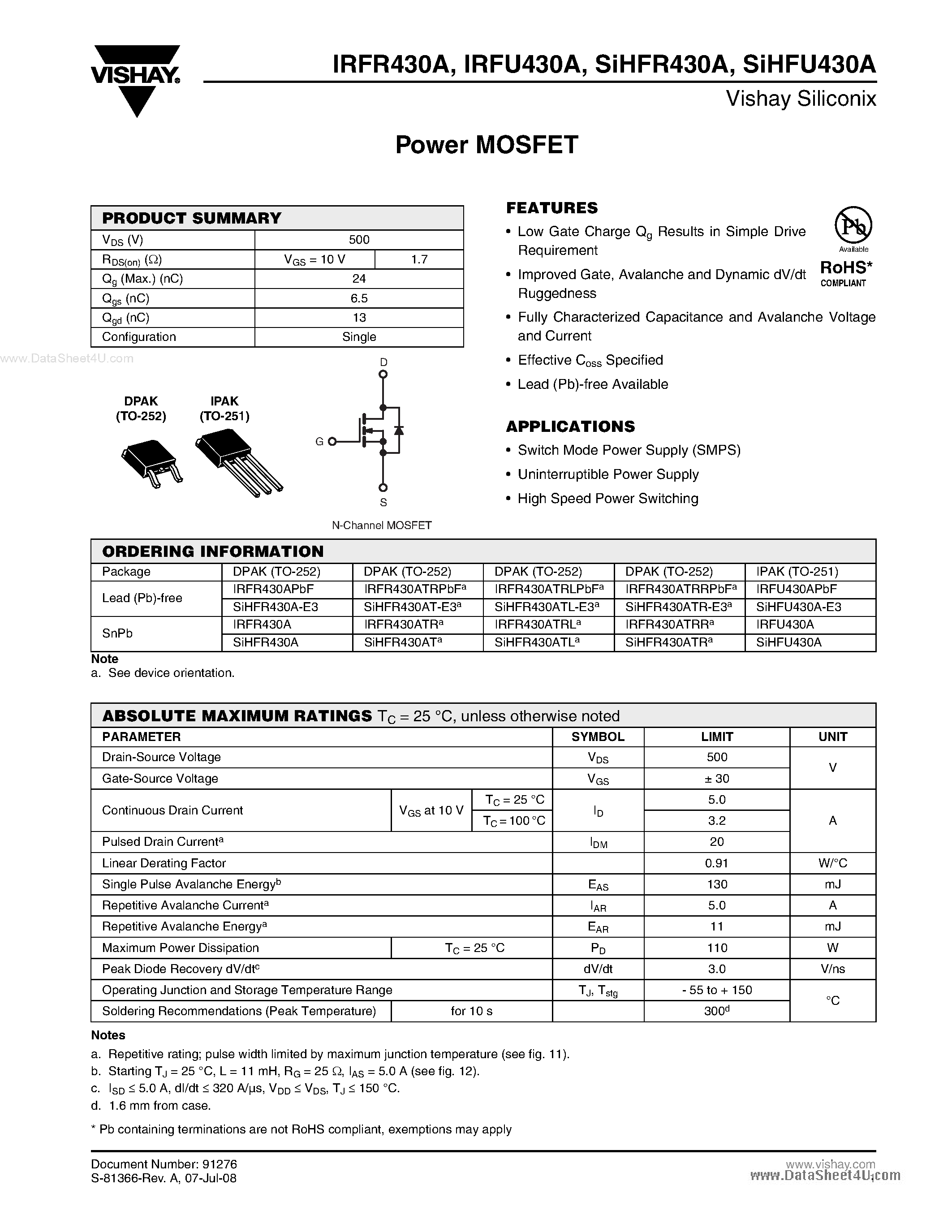 Datasheet IRFR430A - Power MOSFET page 1
