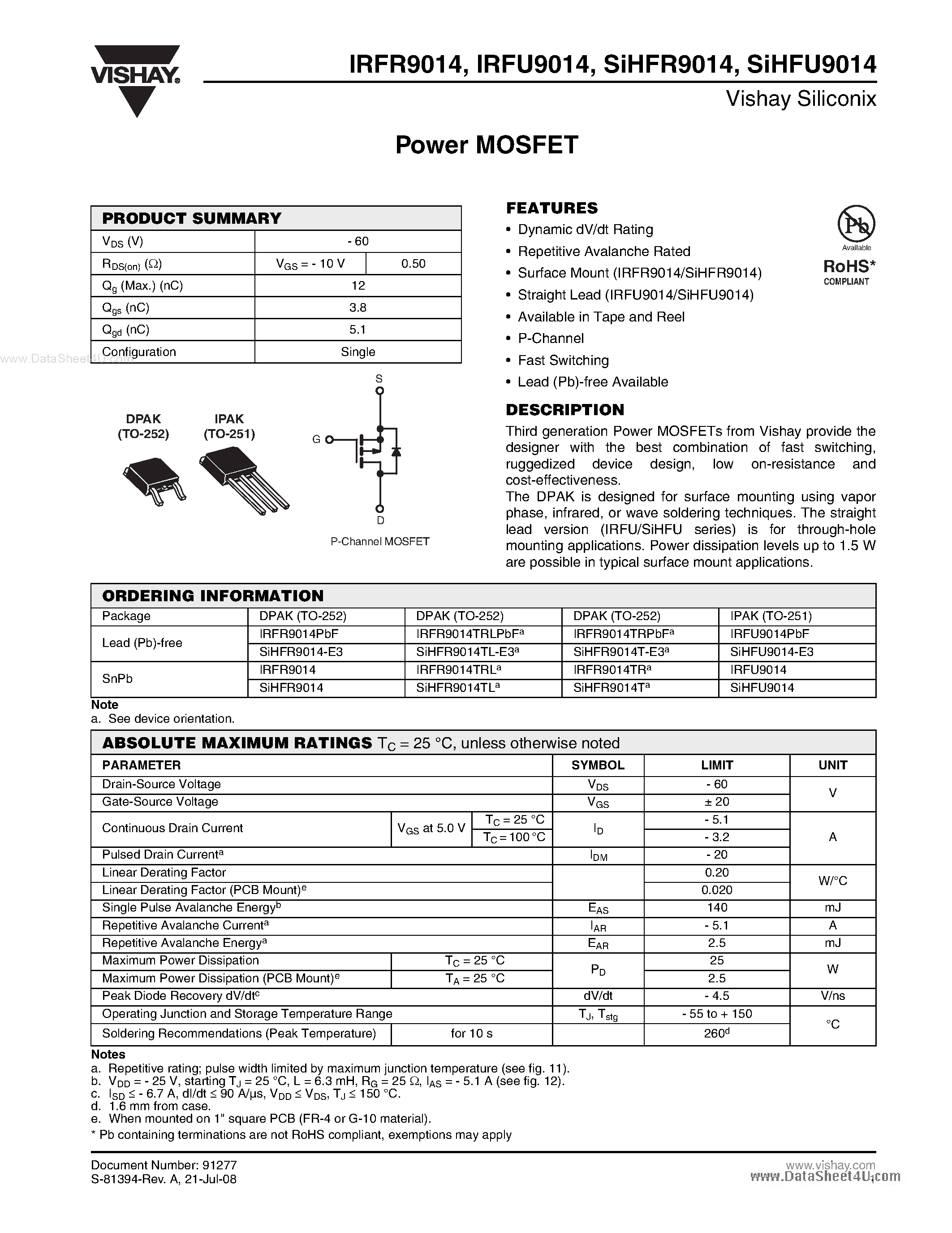 Datasheet IRFU9014 page 1 Datasheet IRFU9014 - Power MOSFET page 1