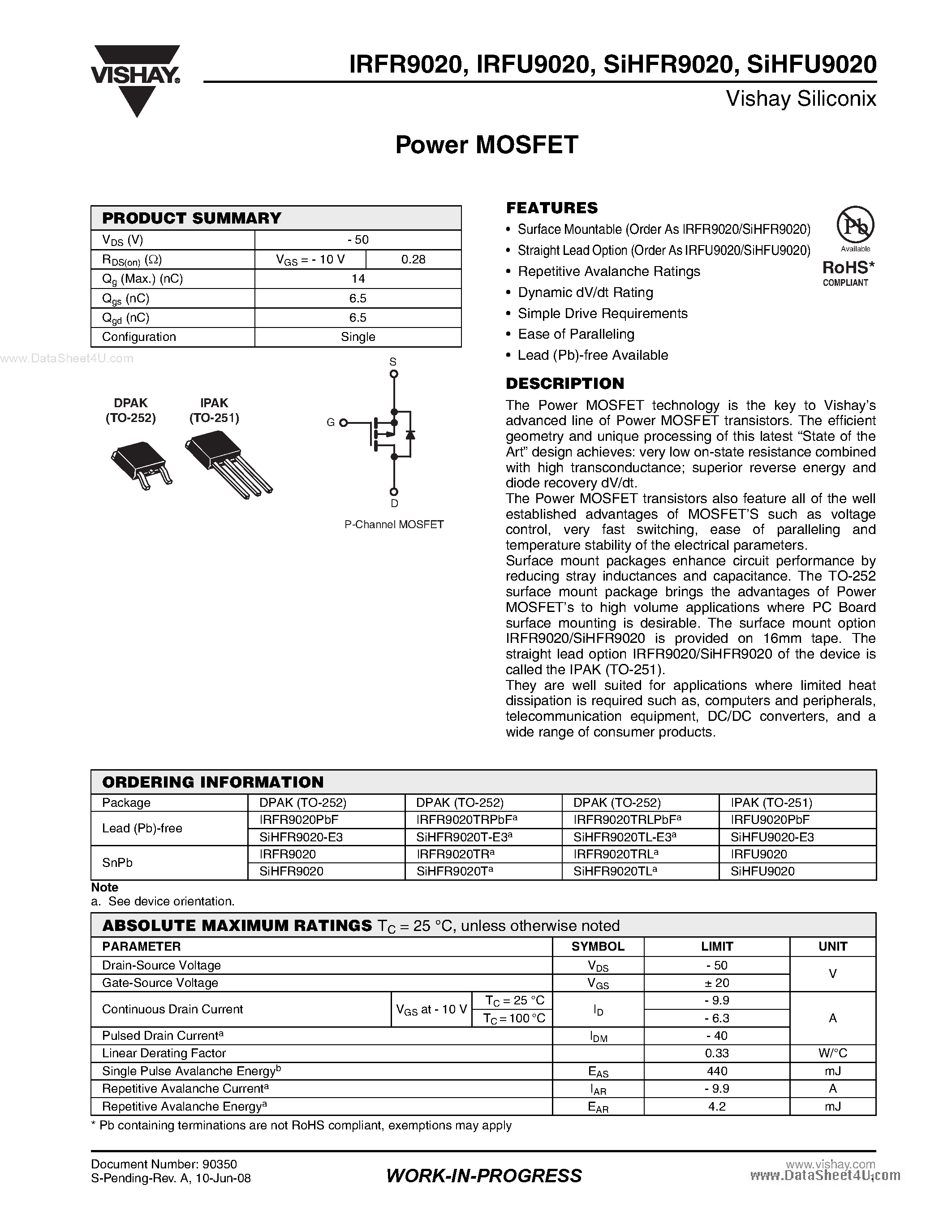 Datasheet IRFR9020 page 1 Datasheet IRFR9020 - Power MOSFET page 1