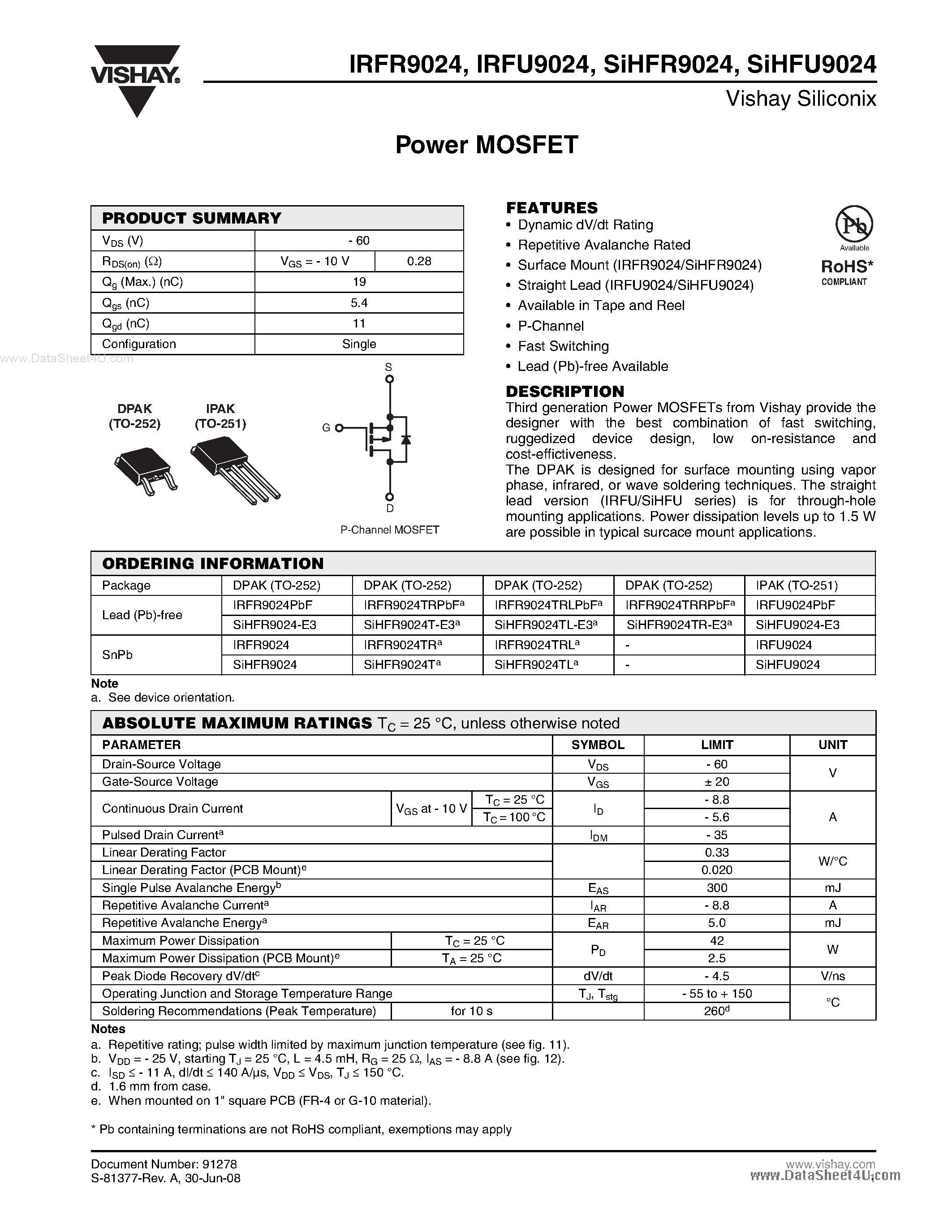 Datasheet IRFR9024 page 1 Datasheet IRFR9024 - Power MOSFET page 1