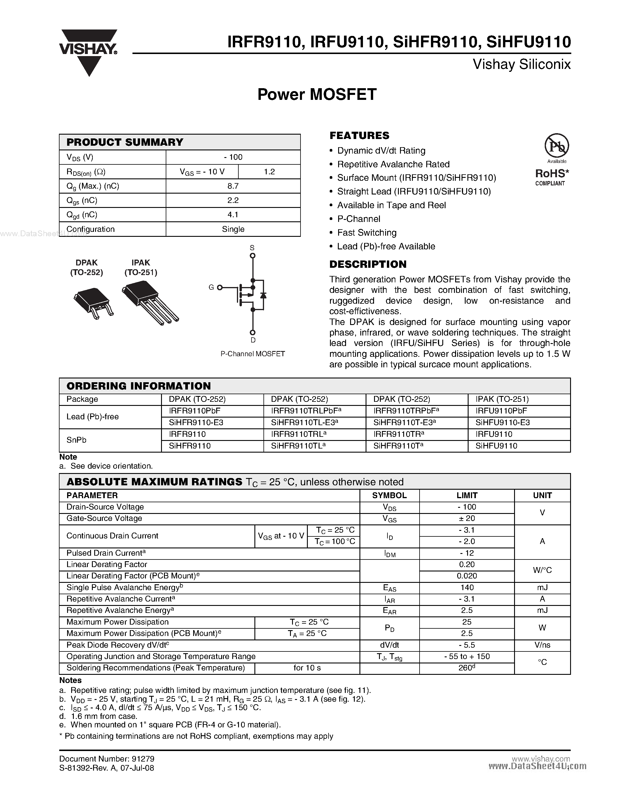 Datasheet IRFR9110 - Power MOSFET page 1