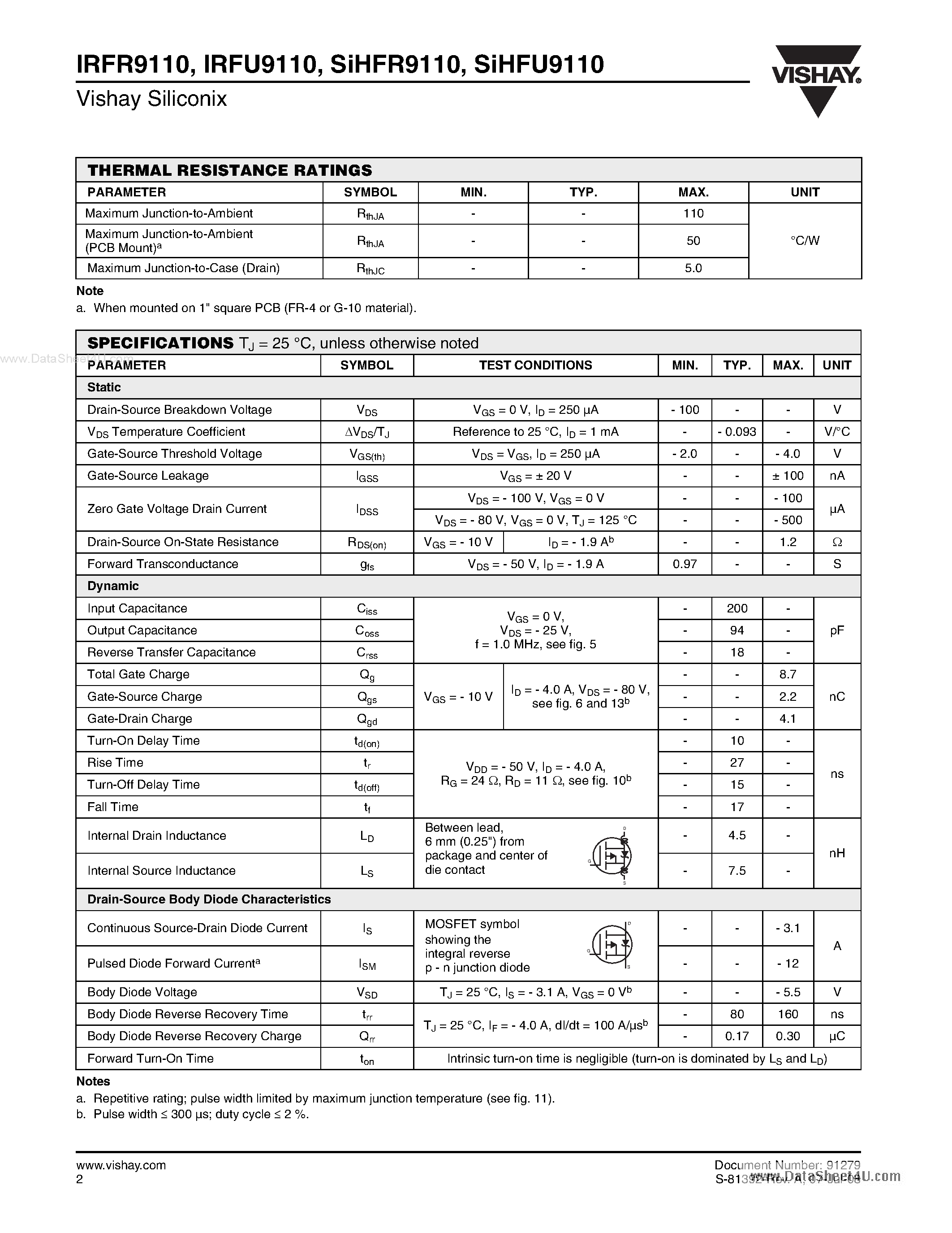 Datasheet IRFR9110 - Power MOSFET page 2