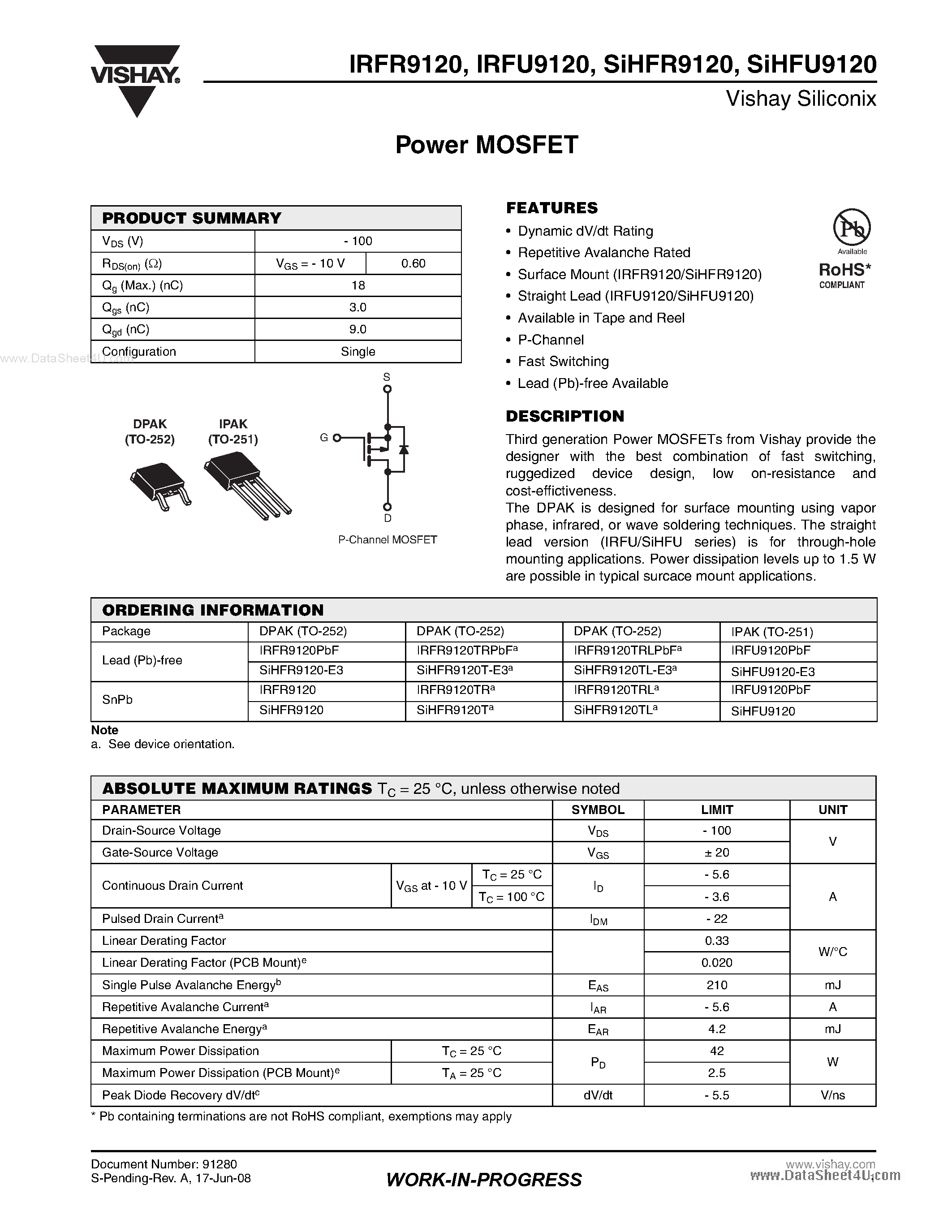 Datasheet IRFR9120 page 1 Datasheet IRFR9120 - Power MOSFET page 1