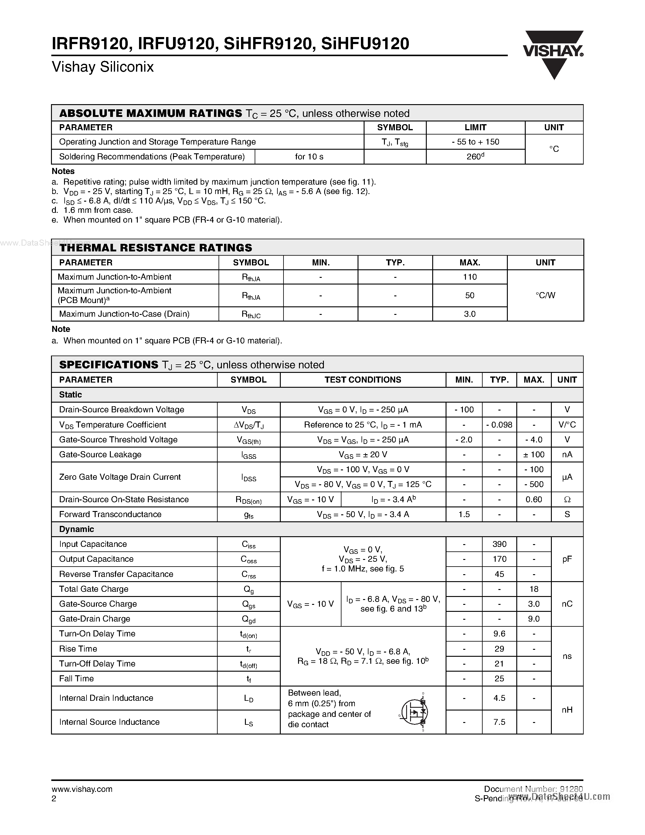 Datasheet IRFR9120 page 2 Datasheet IRFR9120 - Power MOSFET page 2