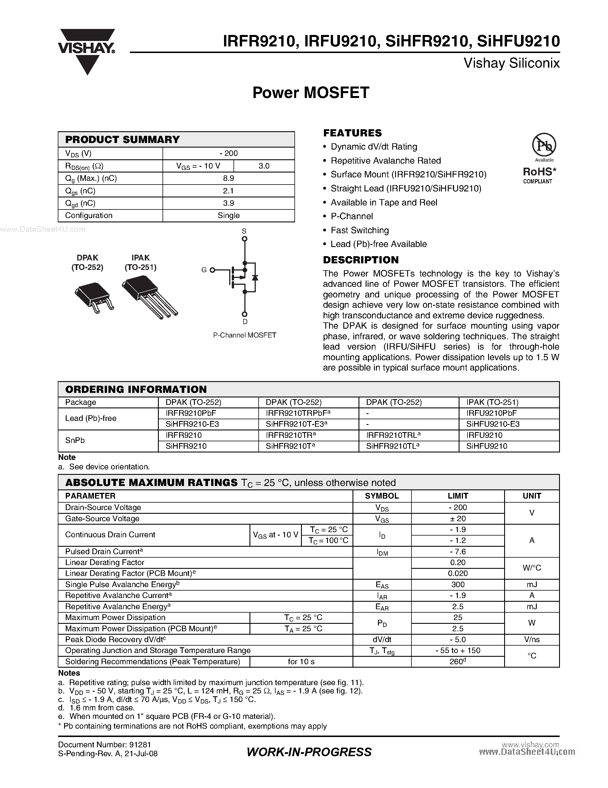 Datasheet IRFR9210 - Power MOSFET page 1