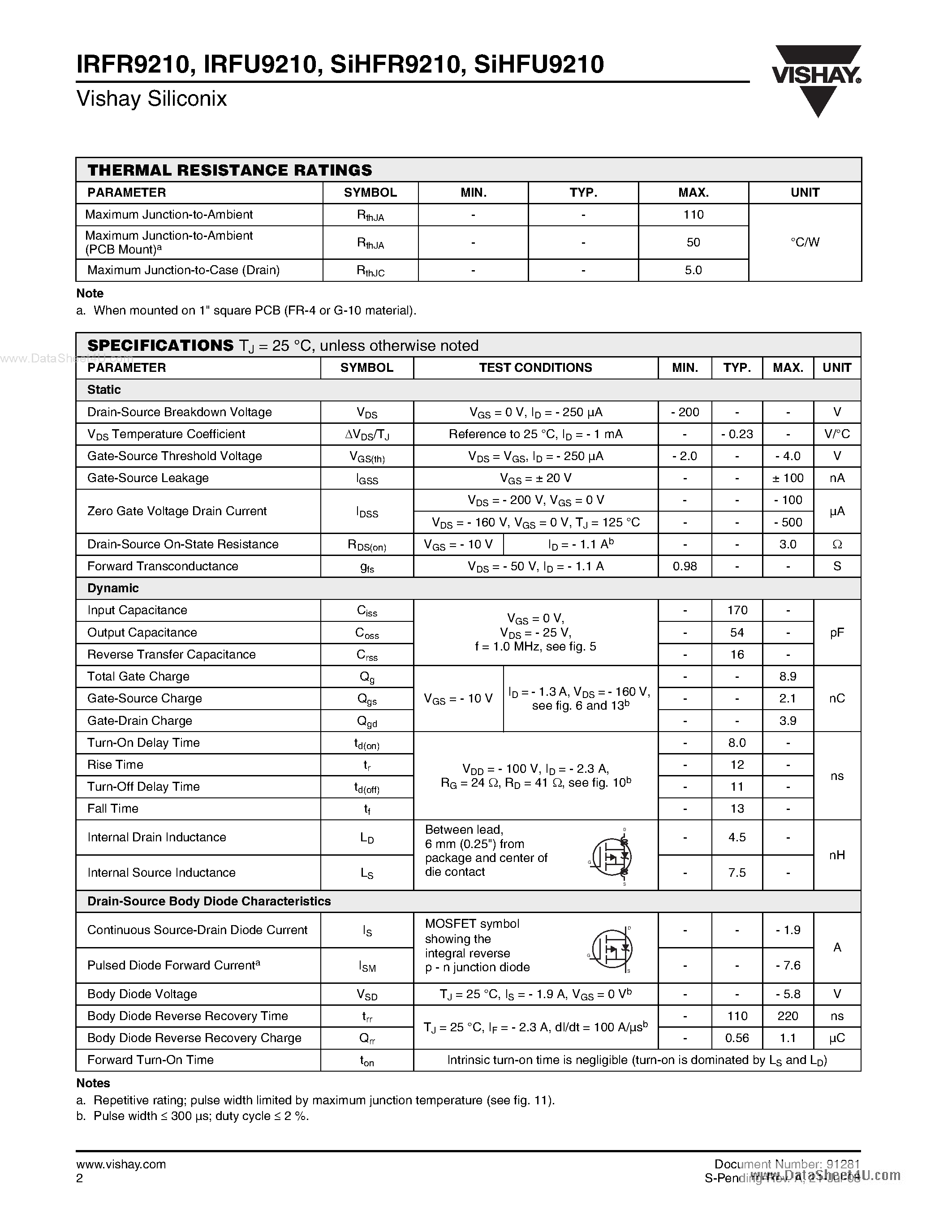 Datasheet IRFR9210 - Power MOSFET page 2